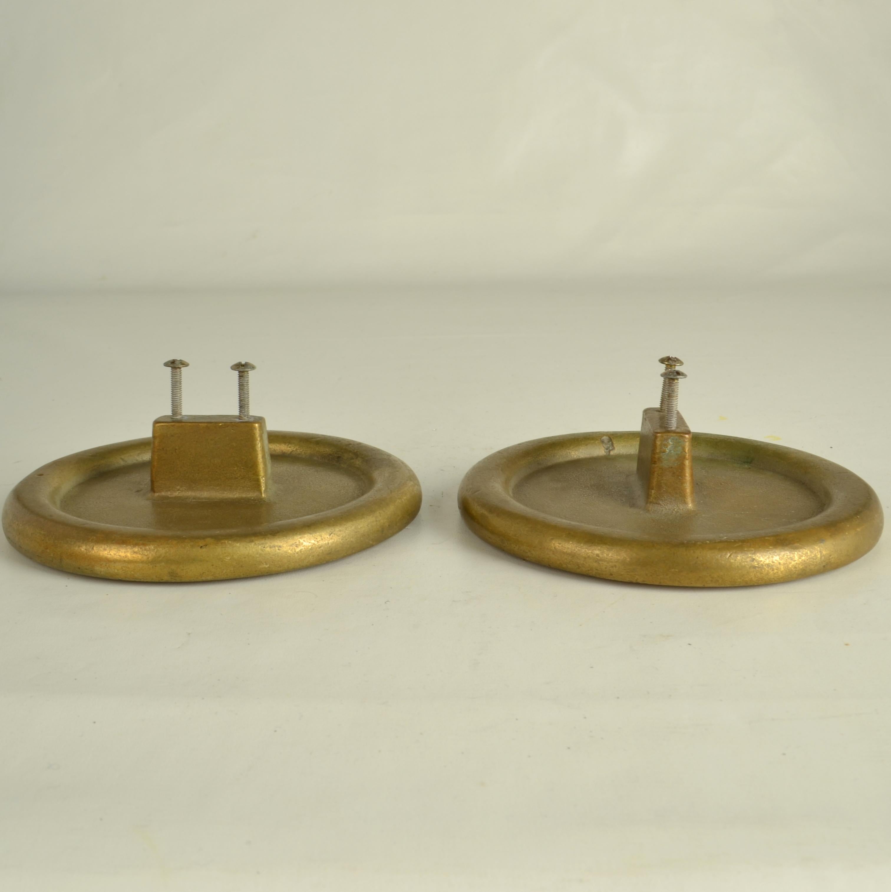 Late 20th Century Pair of Round Bronze Push Pull Relief Door Handles with Flower Relief For Sale