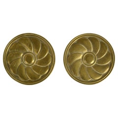 Vintage Pair of Round Bronze Door Handles Push Pull with Flower Relief