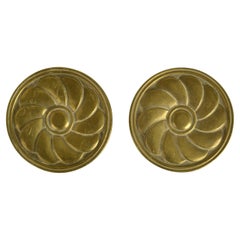 Used Pair of Round Bronze Push Pull Relief Door Handles with Flower Relief