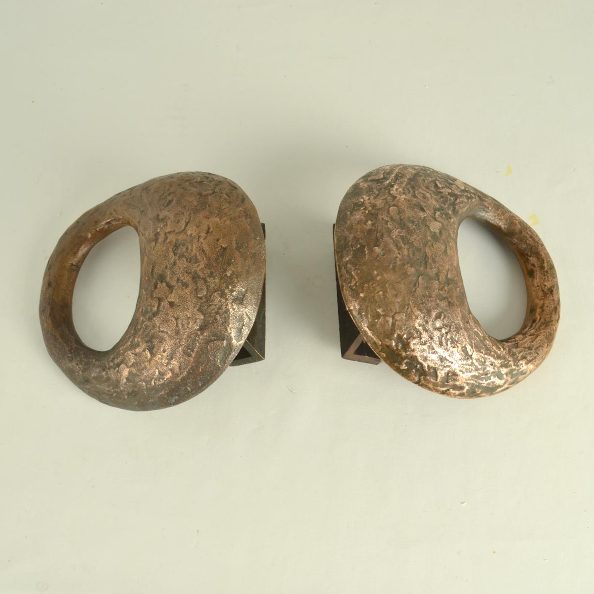 Brutalist Pair of Round Bronze Relief Door Handles with Oval Grip For Sale