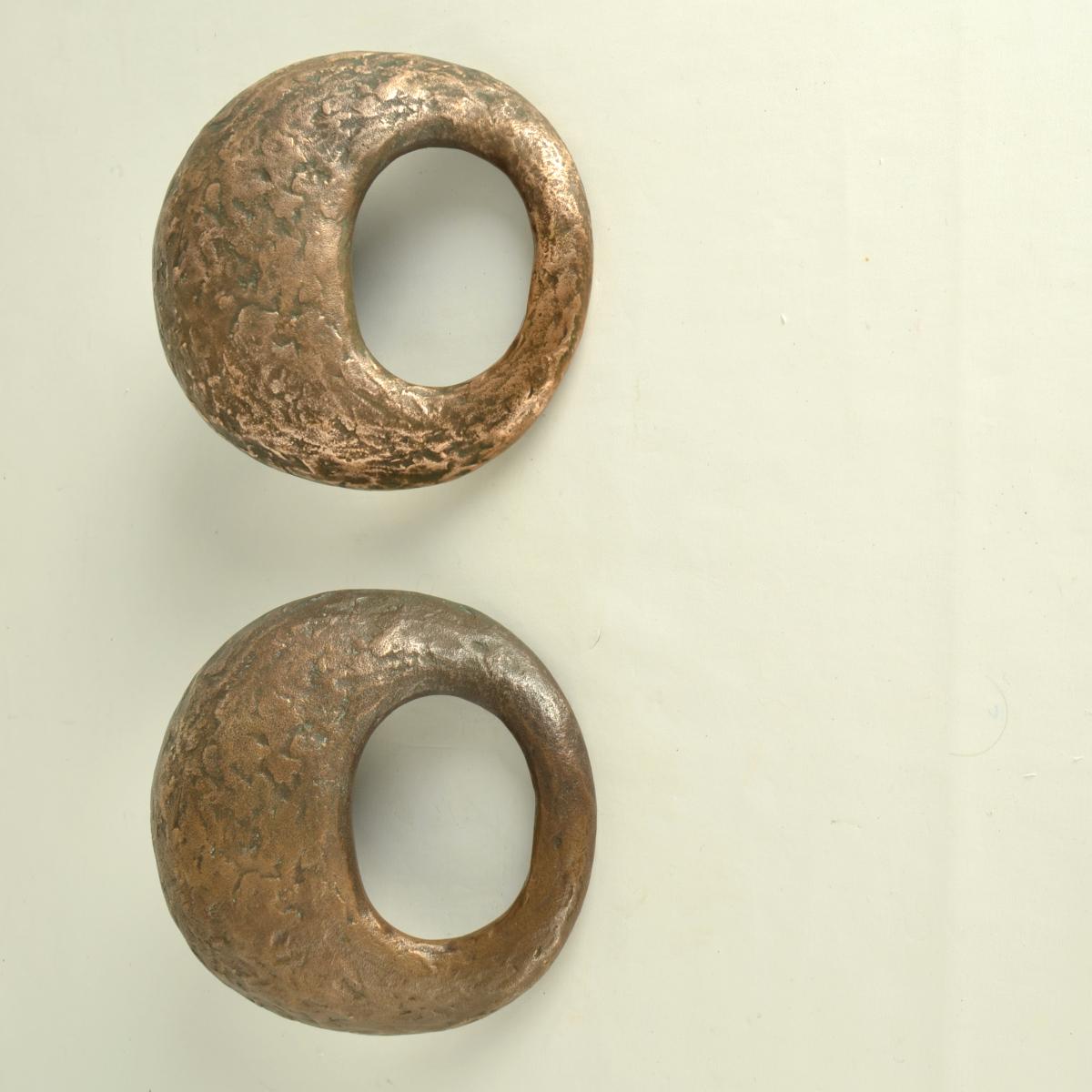 European Pair of Round Bronze Relief Door Handles with Oval Grip For Sale