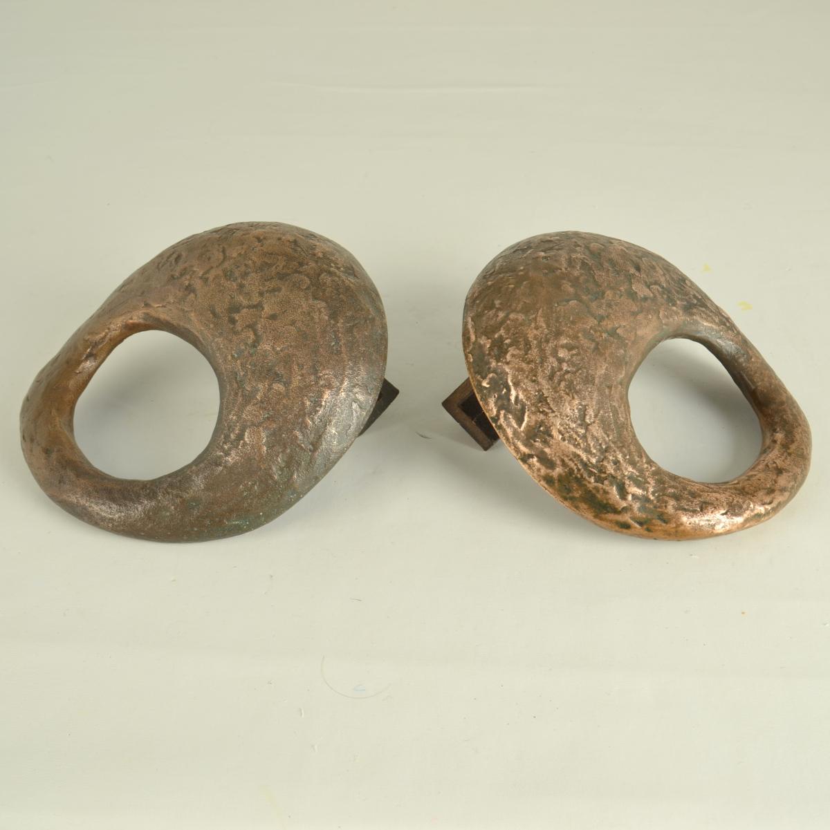 Cast Pair of Round Bronze Relief Door Handles with Oval Grip For Sale
