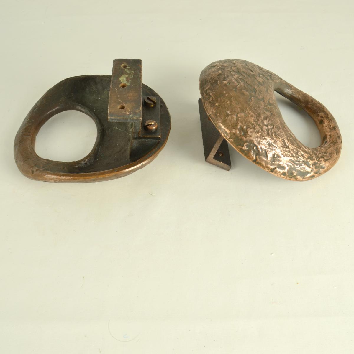 Late 20th Century Pair of Round Bronze Relief Door Handles with Oval Grip For Sale
