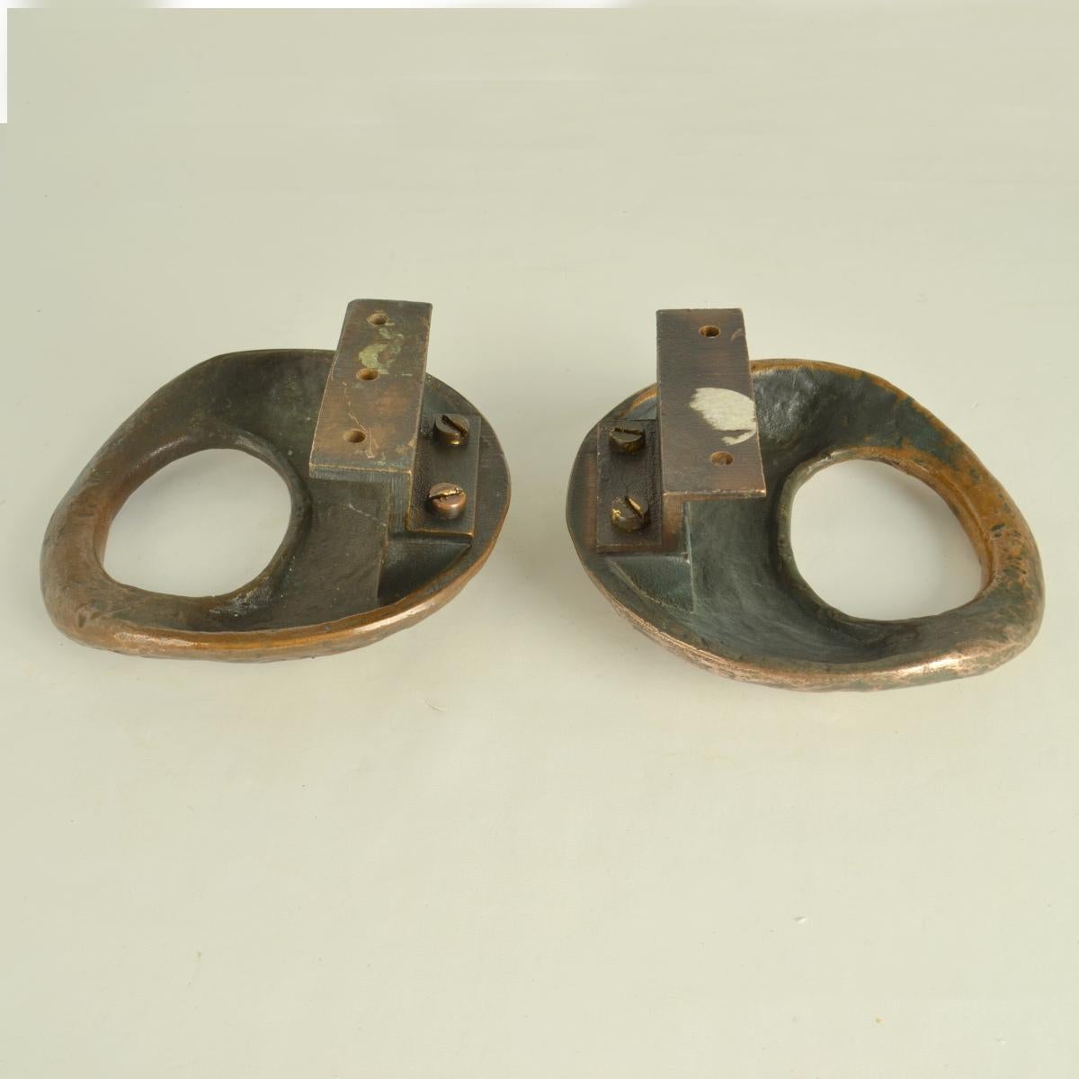 Pair of Round Bronze Relief Door Handles with Oval Grip For Sale 2