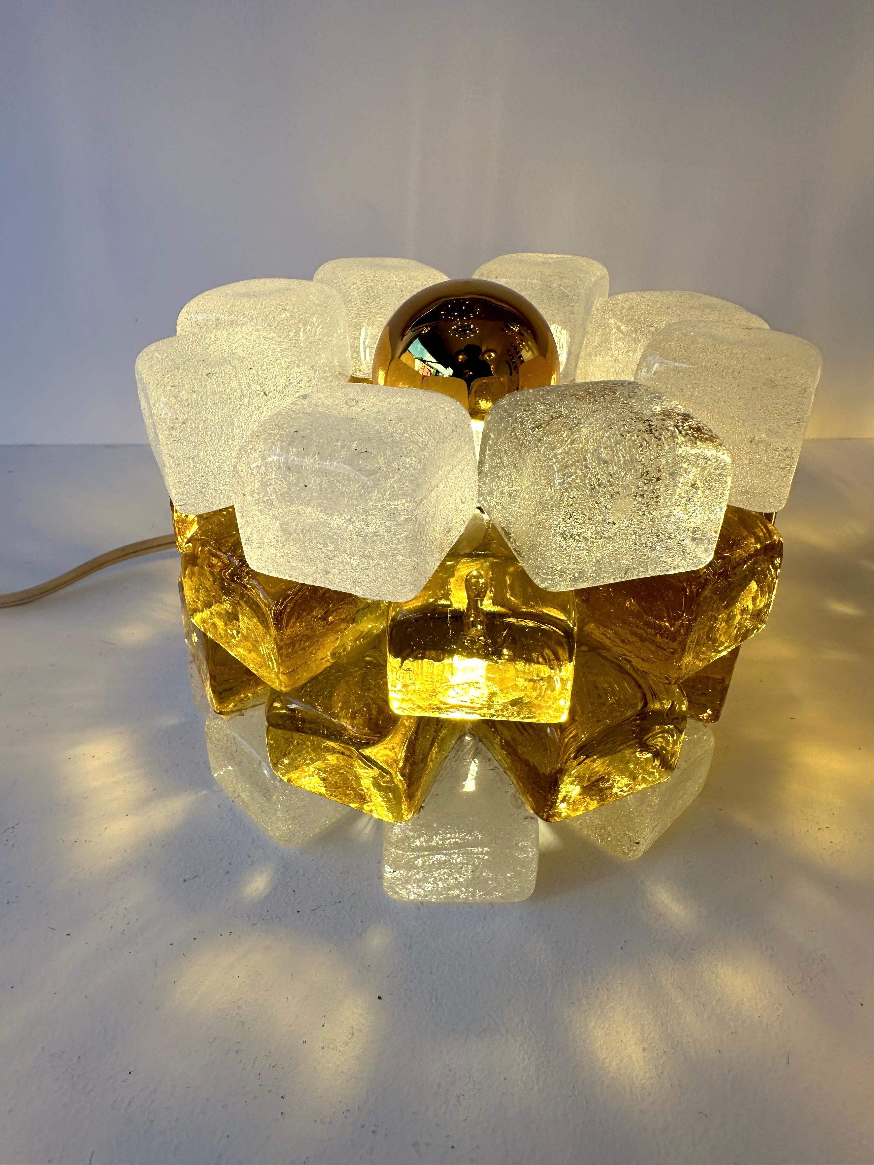 Pair of Mid-Century Modern space age round cube cylinder lamps design by the Italian manufacture Poliarte. Pressed bubble glass with amber yellow detail. Famous editor manufacture like Venini, Vistosi, La Murrina, Seguso, Aldo Nason, Carlo Aldo