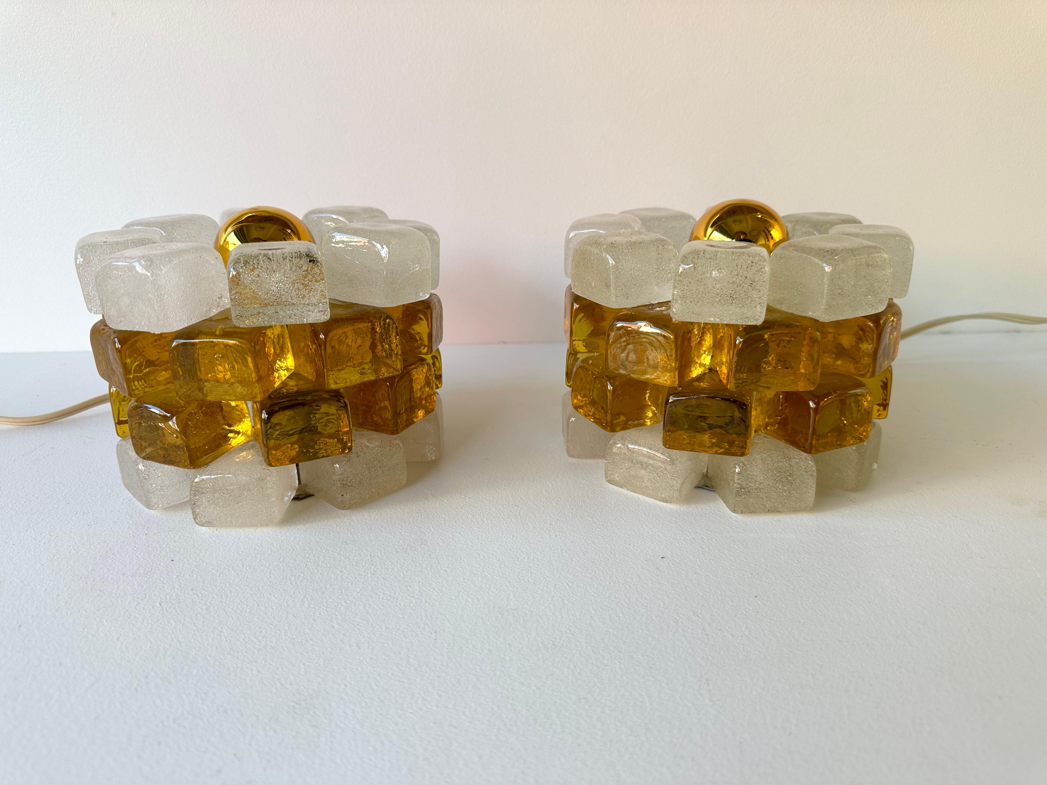 Pressed Pair of Round Bubble Glass Cube Lamps by Poliarte, Italy, 1970s For Sale