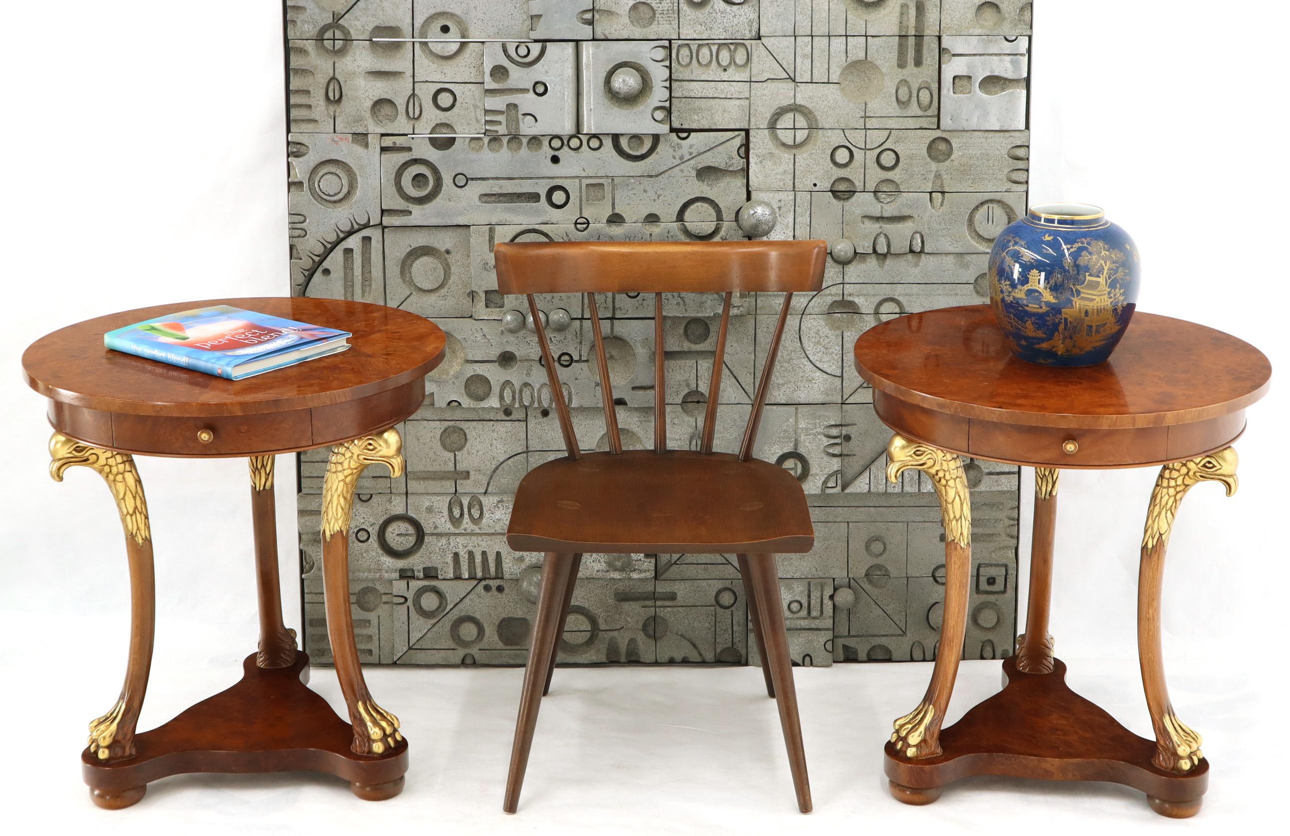 Pair of fine burl wood French Empire gueridon lamp side tables. Baker Henderson quality craftsmanship.