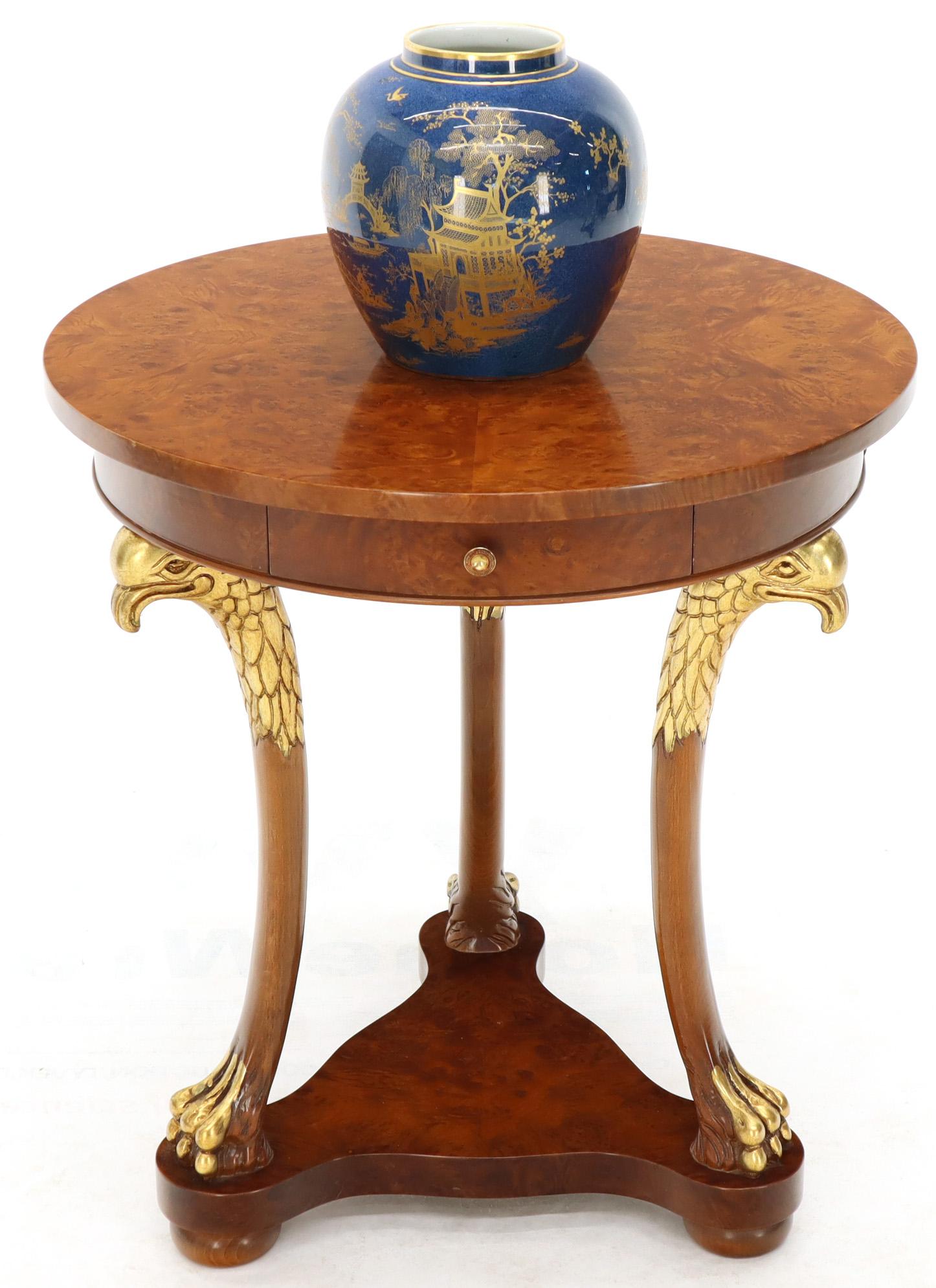 Neoclassical Revival Pair of Round Burl Wood French Empire Gold Gilt Carved Eagles Stands End Tables