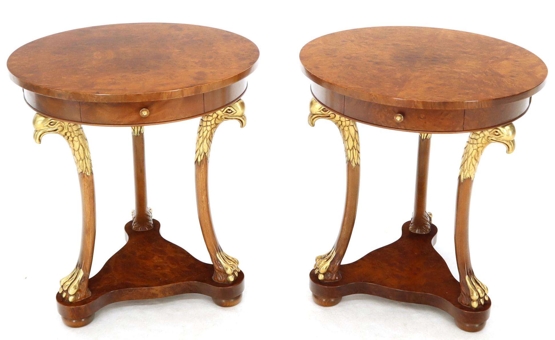 Italian Pair of Round Burl Wood French Empire Gold Gilt Carved Eagles Stands End Tables