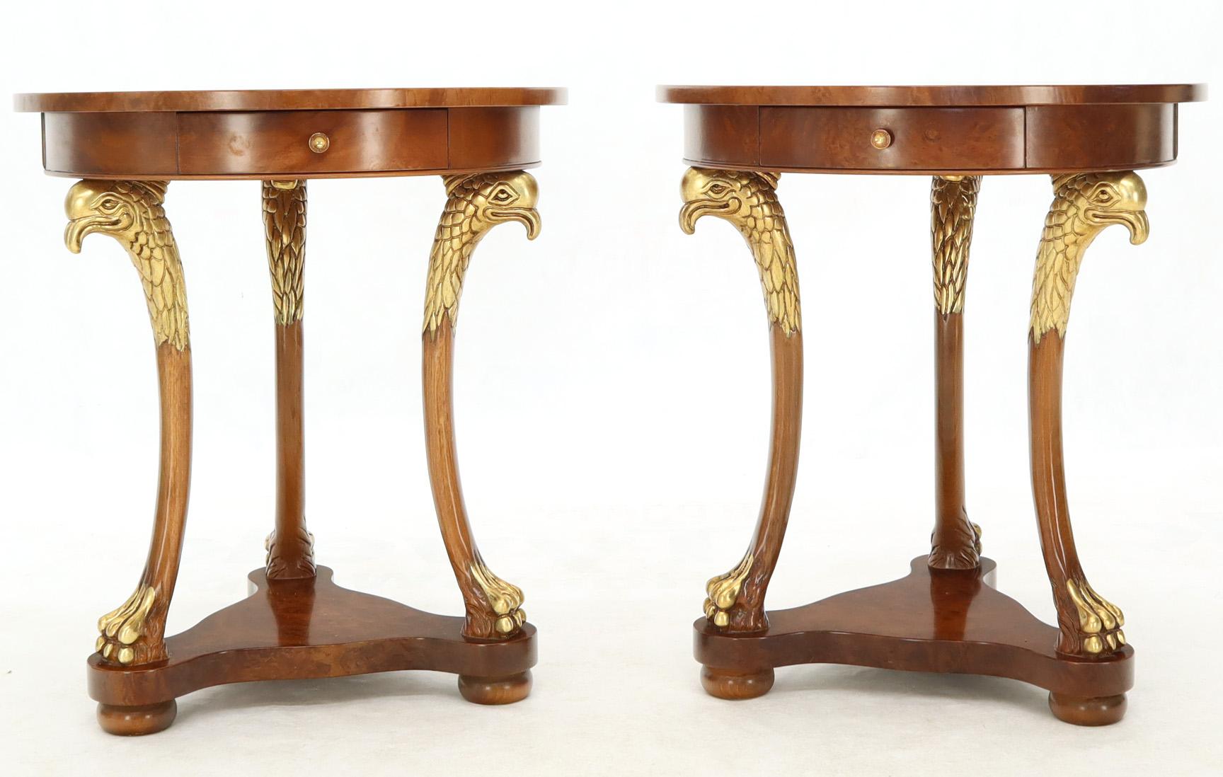 Lacquered Pair of Round Burl Wood French Empire Gold Gilt Carved Eagles Stands End Tables