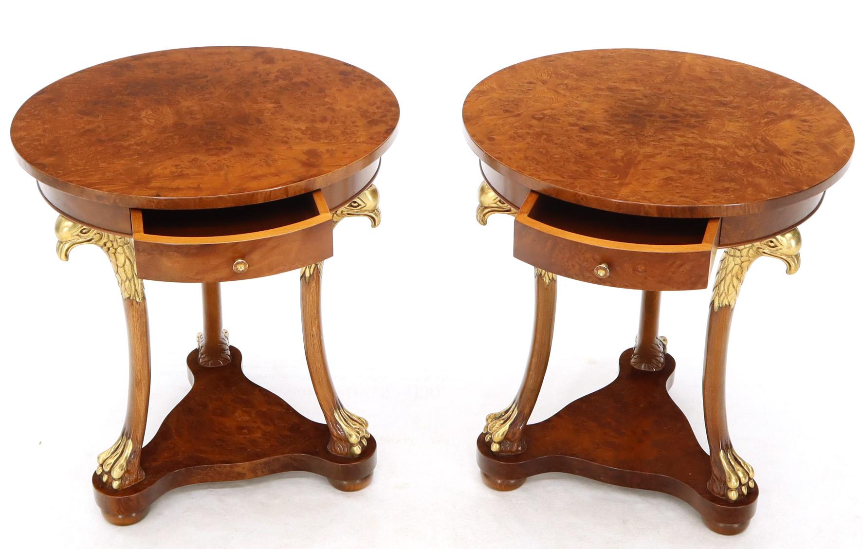 Pair of Round Burl Wood French Empire Gold Gilt Carved Eagles Stands End Tables In Excellent Condition In Rockaway, NJ
