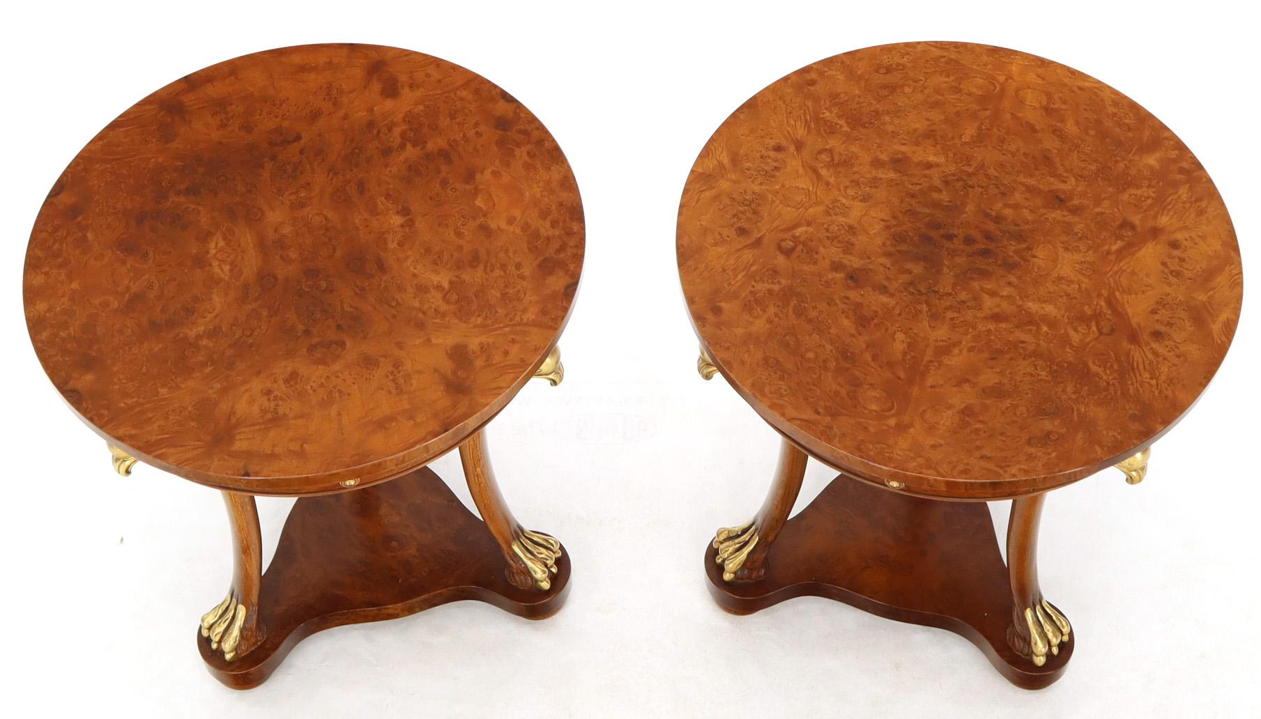 20th Century Pair of Round Burl Wood French Empire Gold Gilt Carved Eagles Stands End Tables