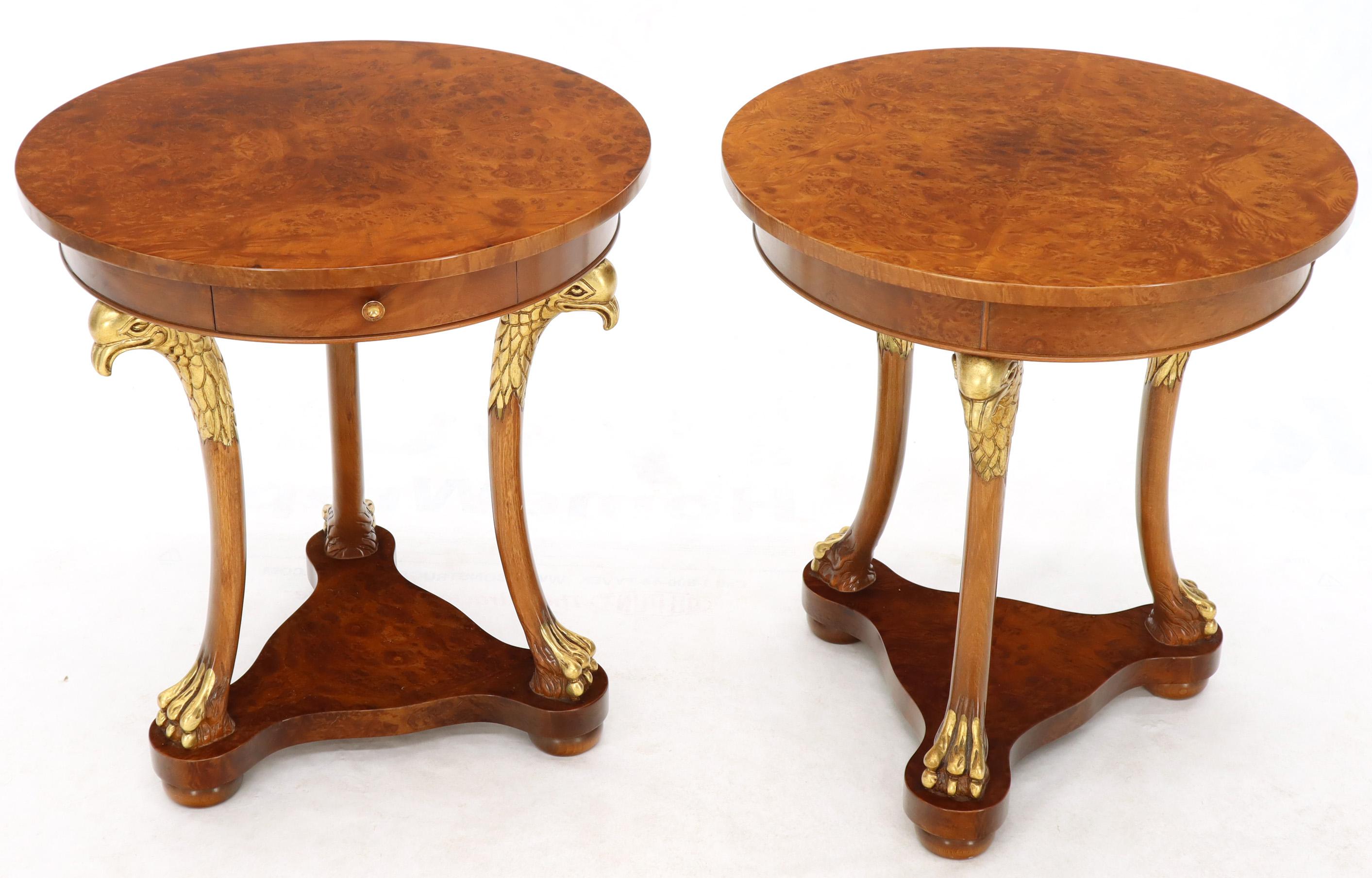 Pair of Round Burl Wood French Empire Gold Gilt Carved Eagles Stands End Tables 1