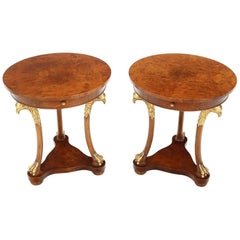 Pair of Round Burl Wood French Empire Gold Gilt Carved Eagles Stands End Tables