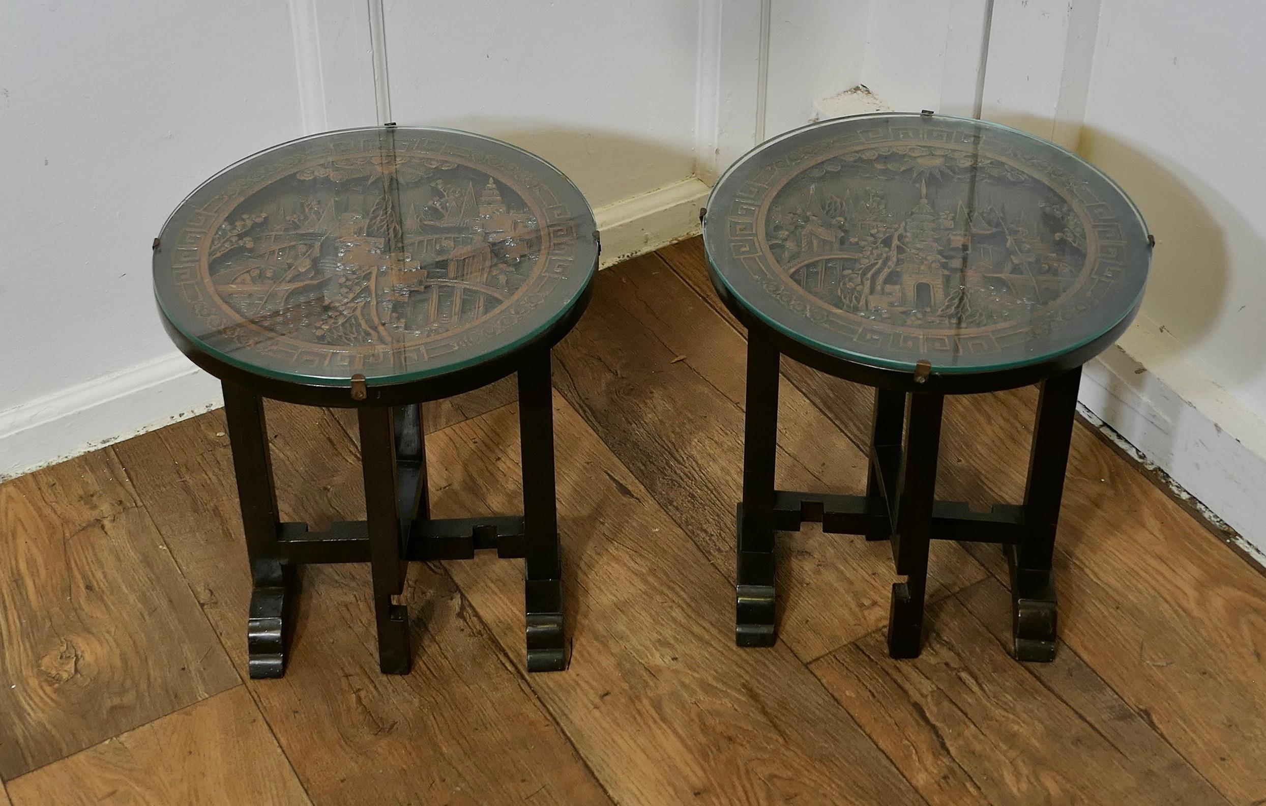 Chinoiserie Pair of Round Carved Oriantal Folding Side Tables  A very useful duet For Sale