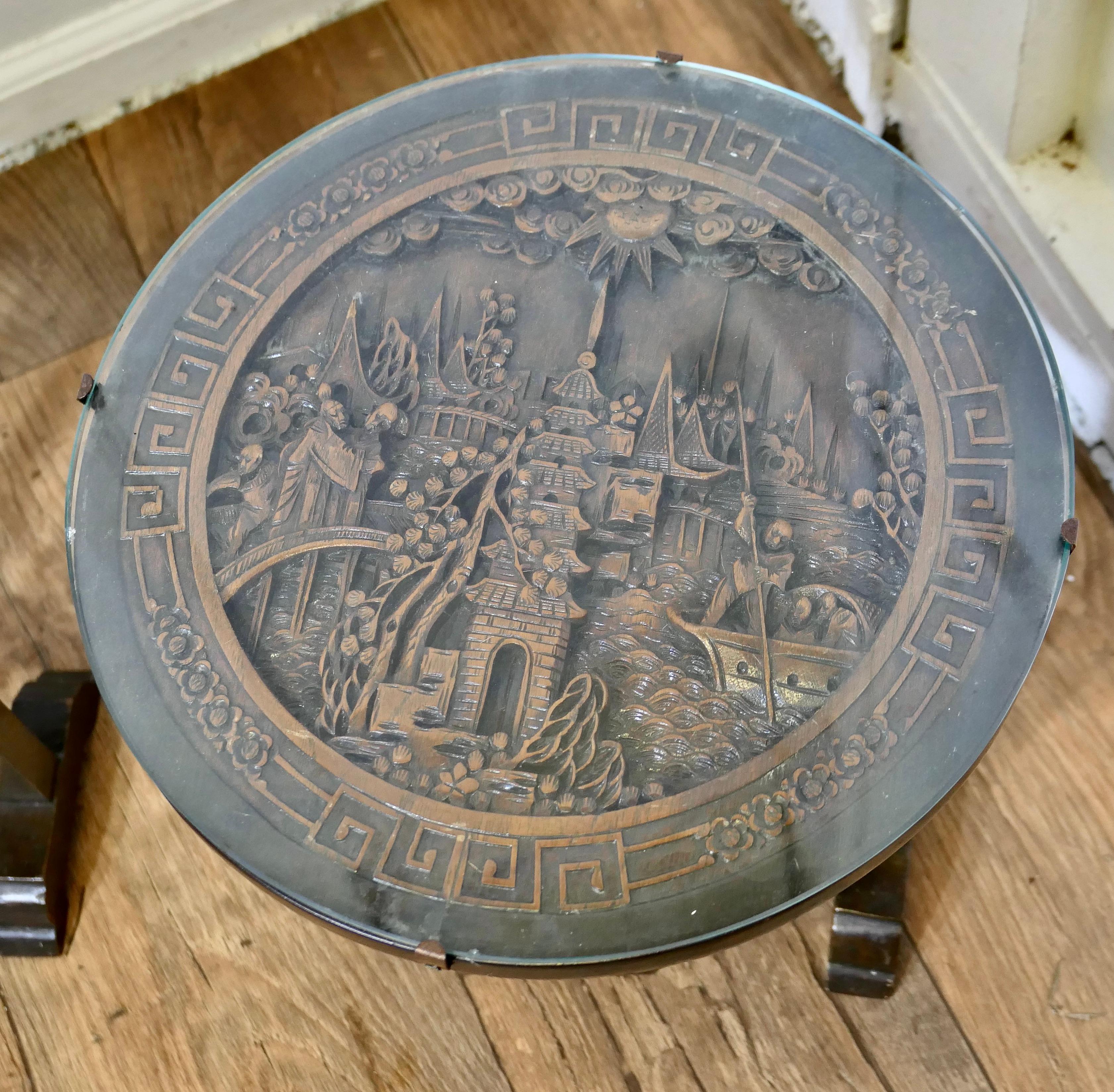Pair of Round Carved Oriantal Folding Side Tables  A very useful duet In Good Condition For Sale In Godshill, Isle of Wight