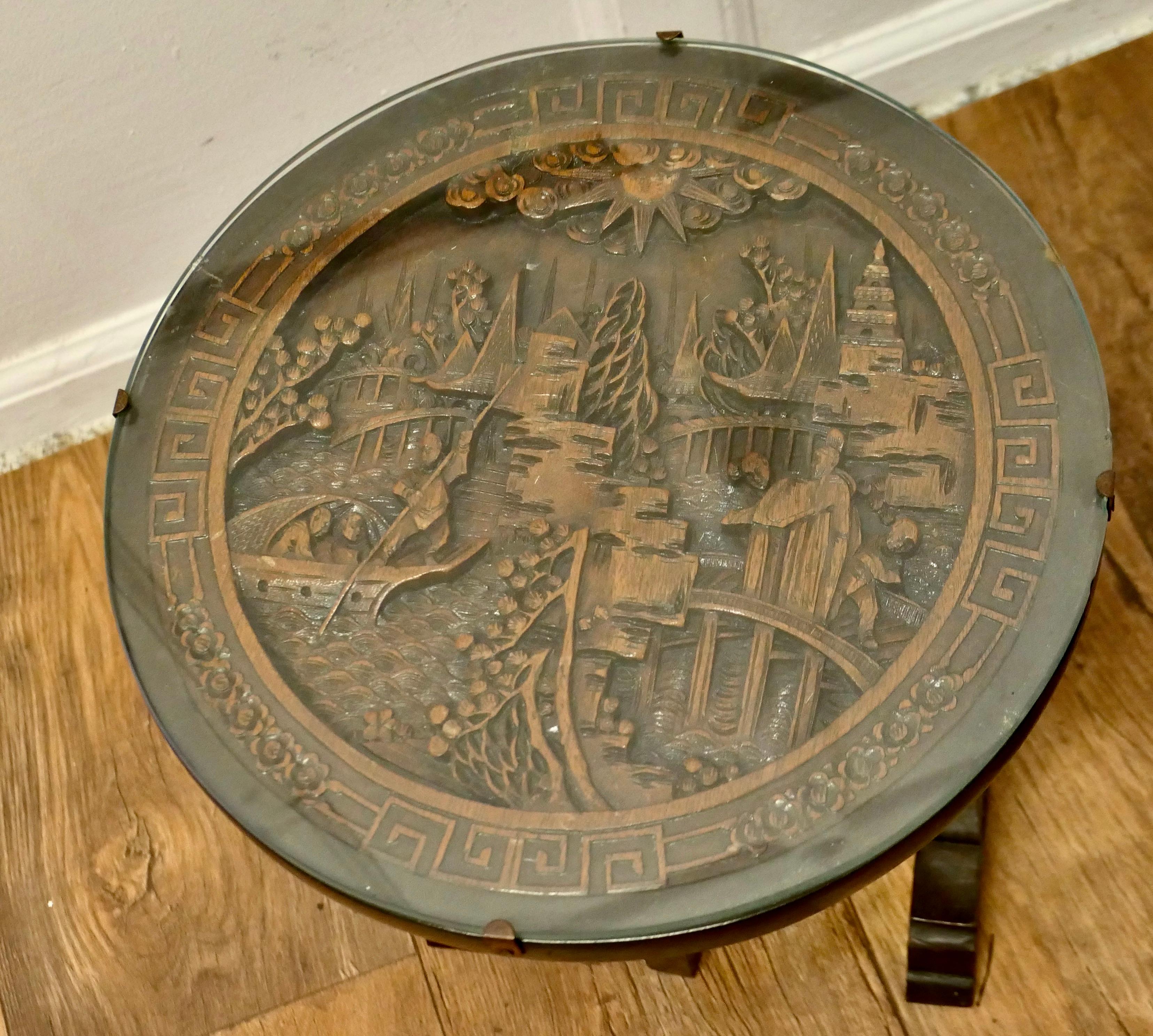 Early 20th Century Pair of Round Carved Oriantal Folding Side Tables  A very useful duet For Sale