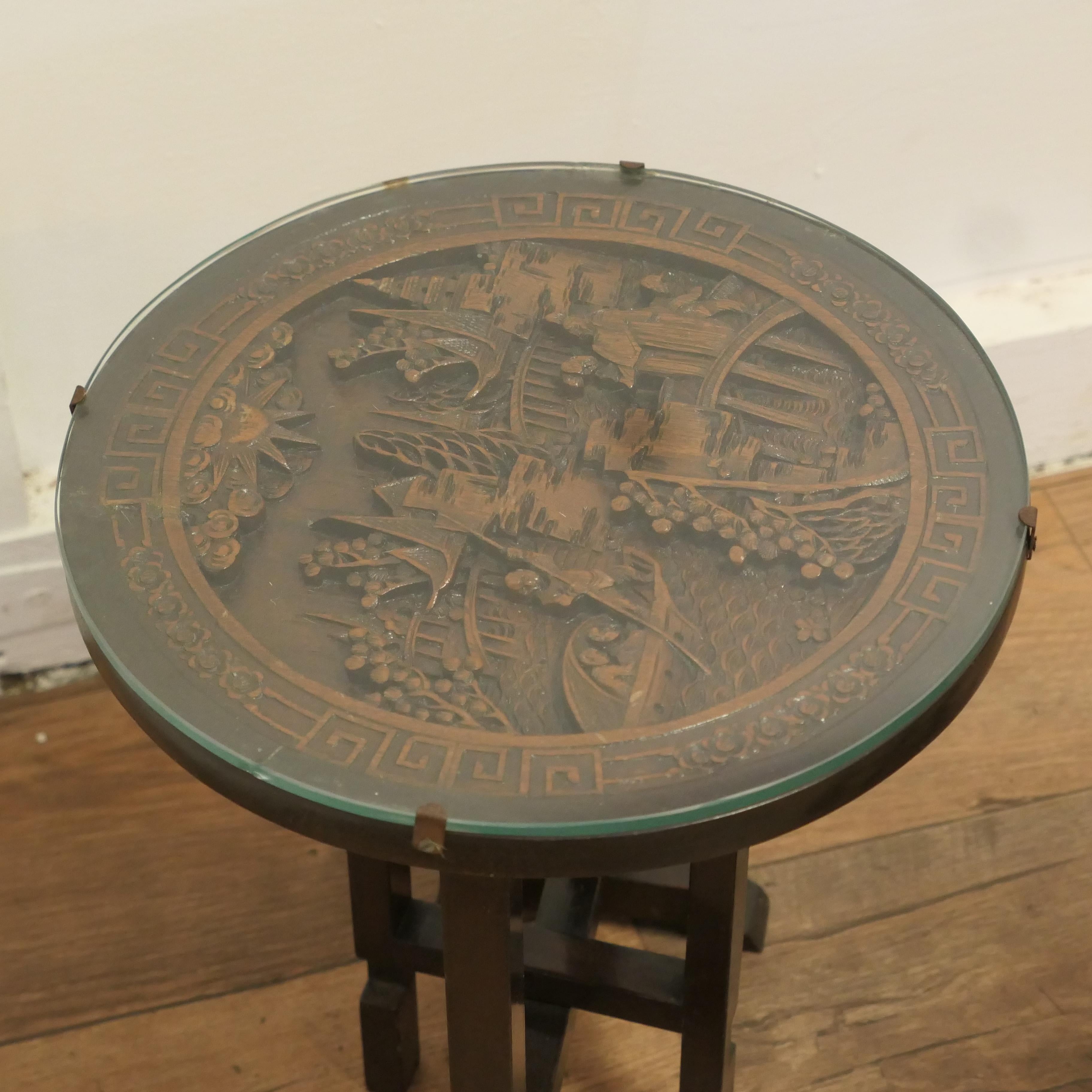 Walnut Pair of Round Carved Oriantal Folding Side Tables  A very useful duet For Sale