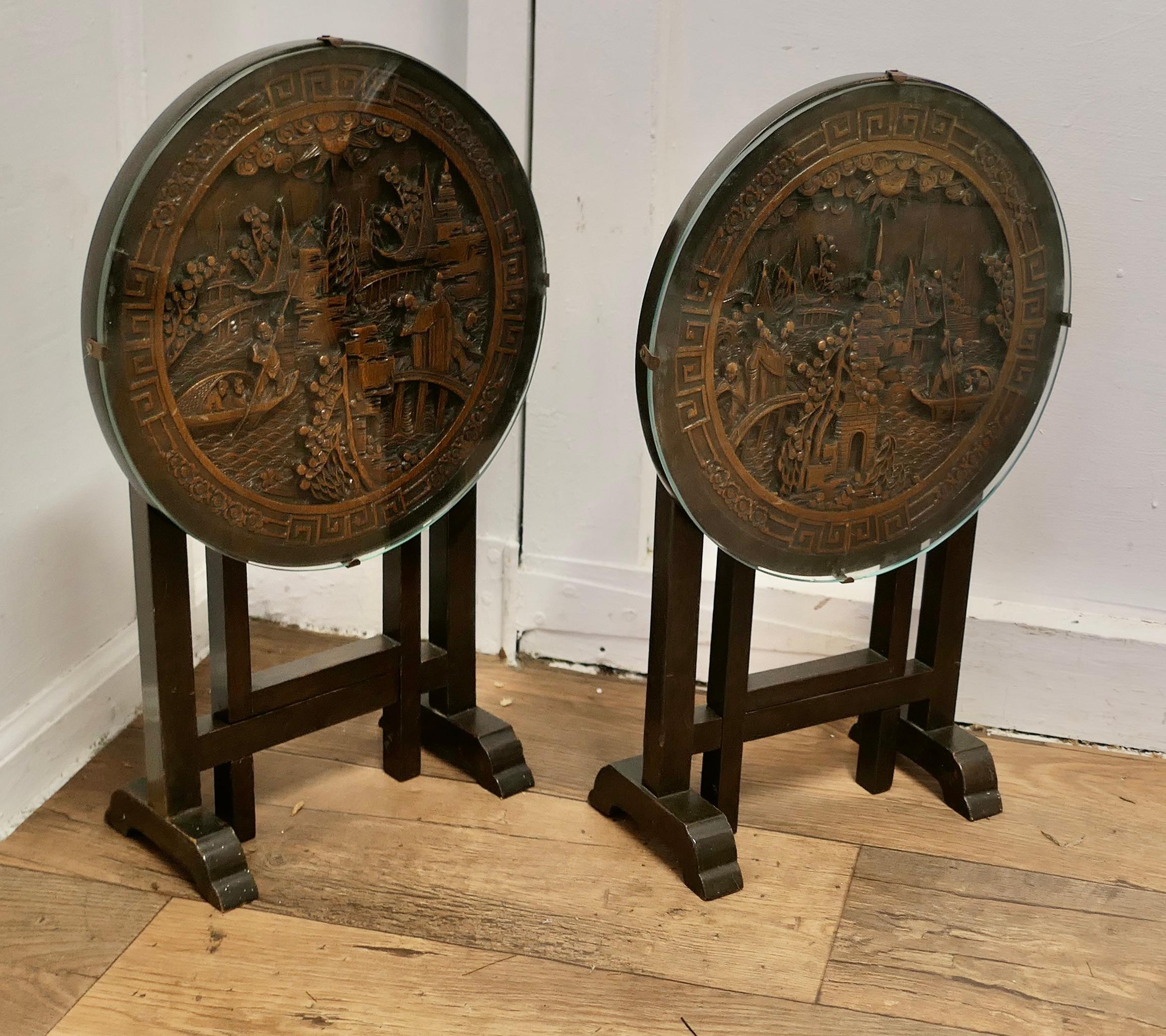 Pair of Round Carved Oriantal Folding Side Tables  A very useful duet For Sale 1