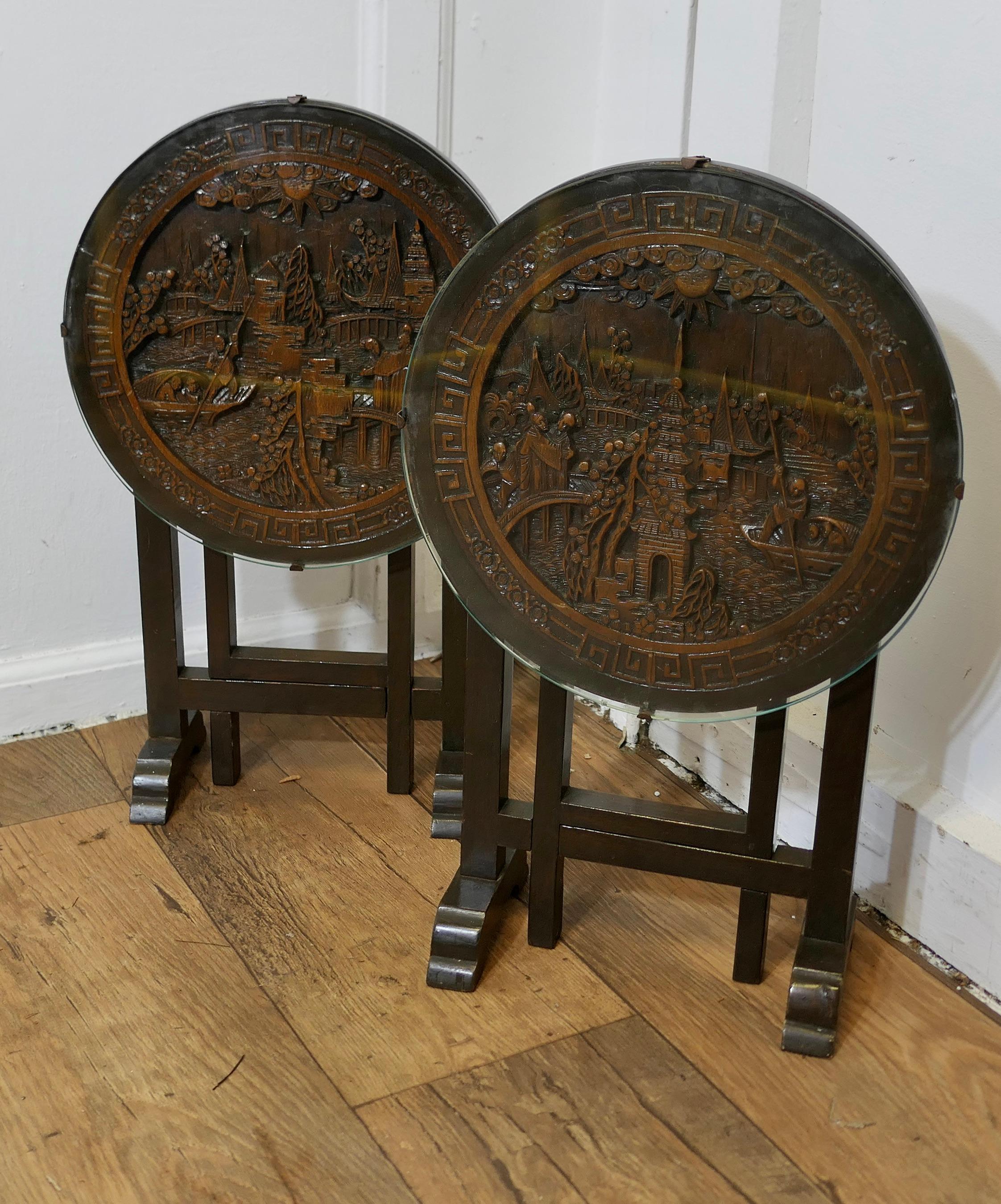 Pair of Round Carved Oriantal Folding Side Tables  A very useful duet For Sale 2