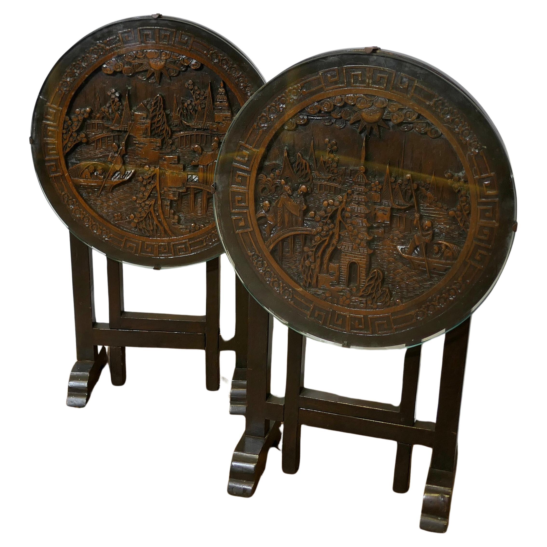Pair of Round Carved Oriantal Folding Side Tables  A very useful duet For Sale