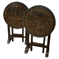 Used Pair of Round Carved Oriantal Folding Side Tables  A very useful duet 