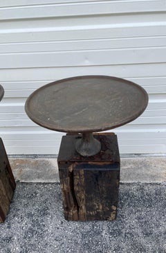 Pair of Rustic Round Cast Iron & Reclaimed Wood Side Tables