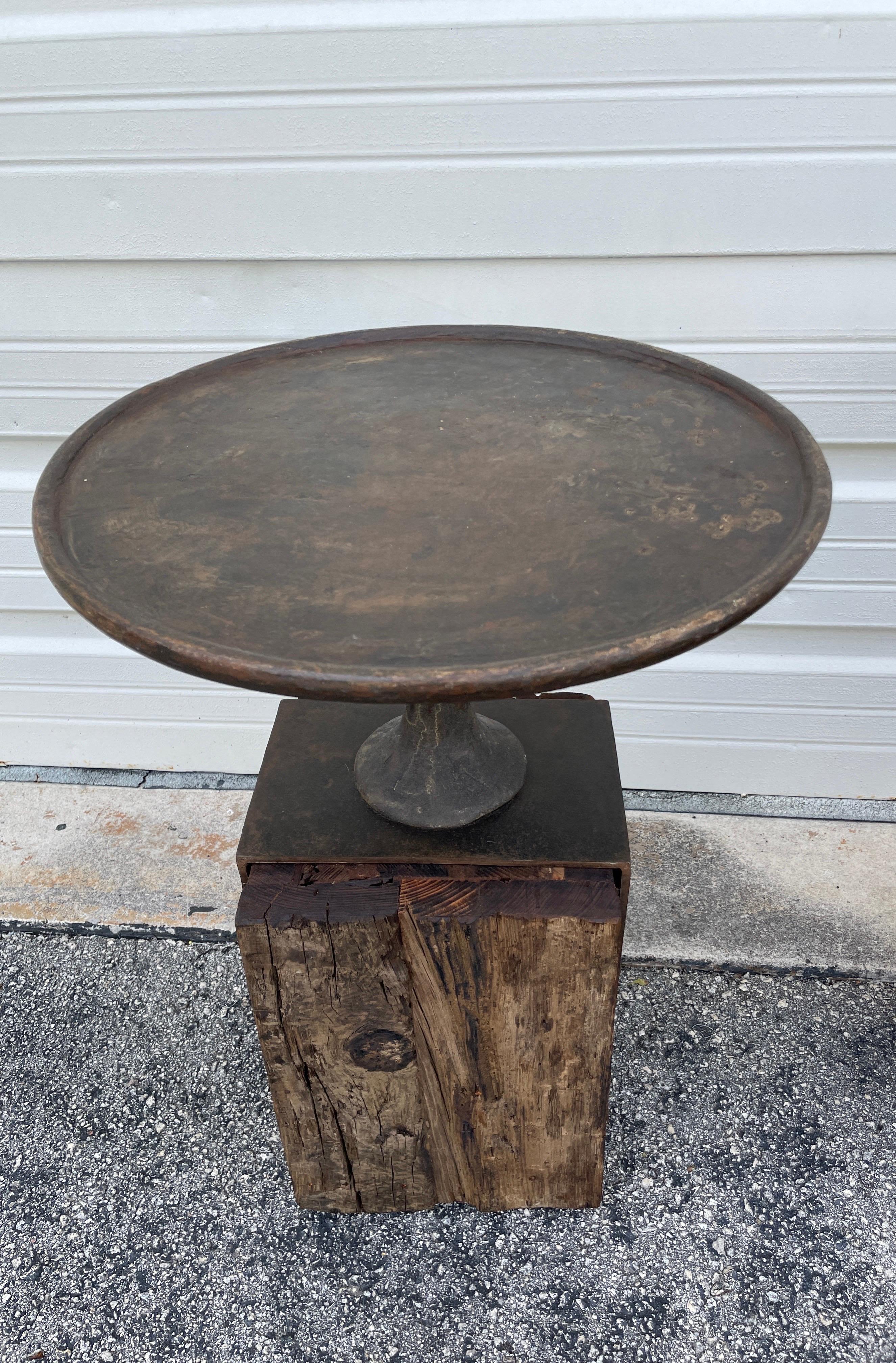 Rustic Pair of Round Cast Iron & Reclaimed Wood Block Side Tables For Sale