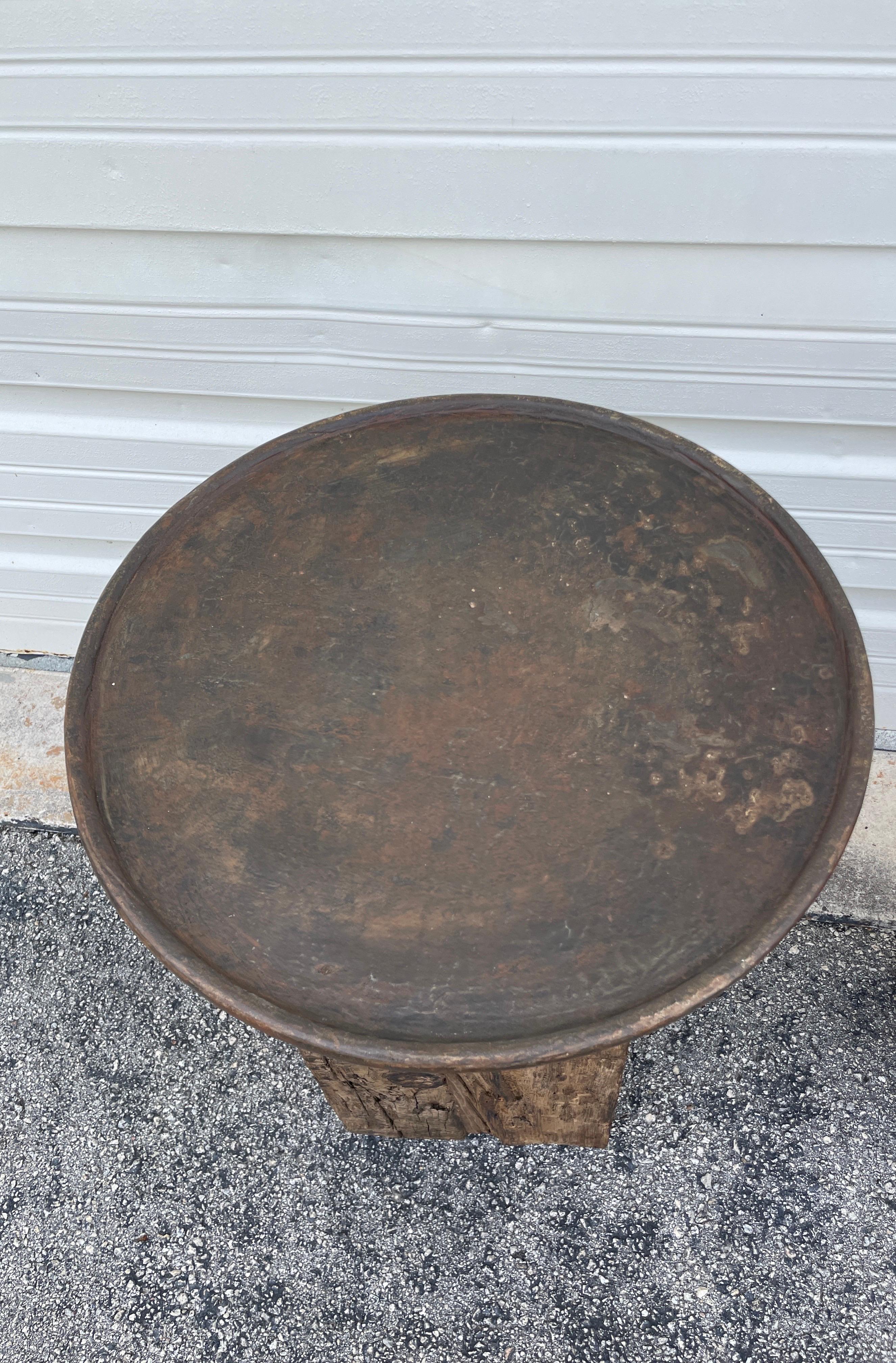 Pair of Round Cast Iron & Reclaimed Wood Block Side Tables In Good Condition For Sale In West Palm Beach, FL