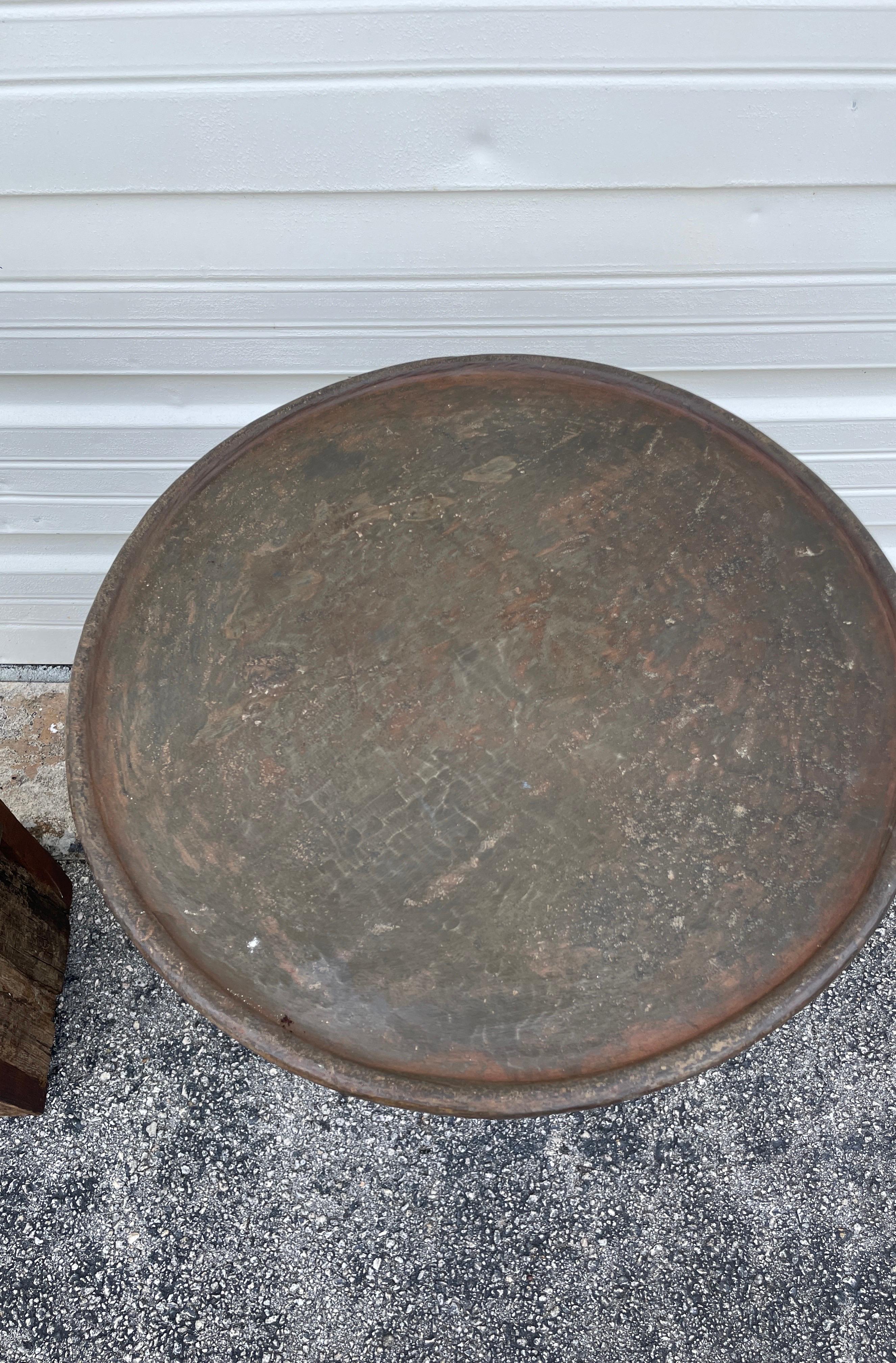20th Century Pair of Round Cast Iron & Reclaimed Wood Block Side Tables For Sale