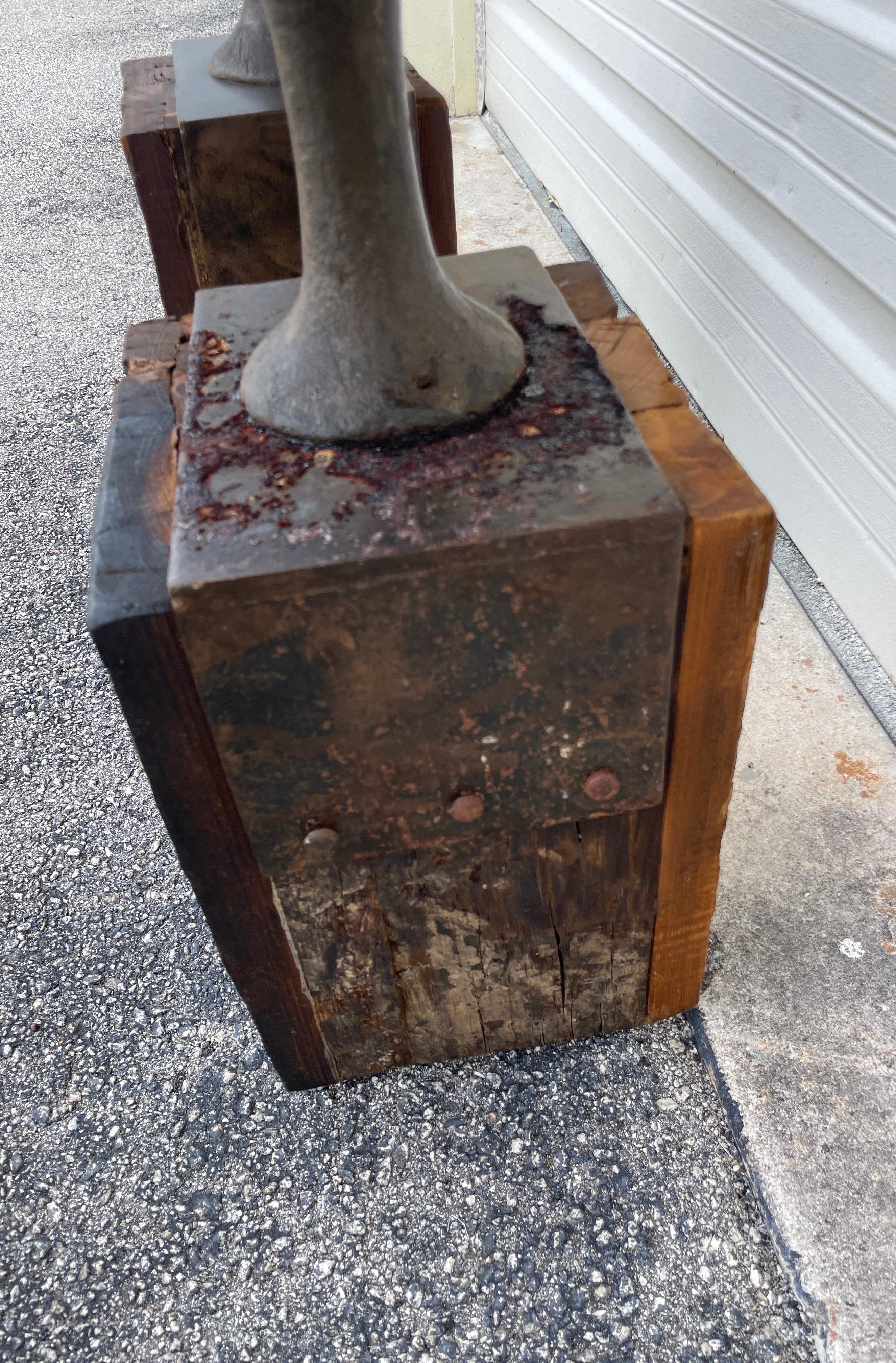 Pair of Round Cast Iron & Reclaimed Wood Block Side Tables For Sale 1