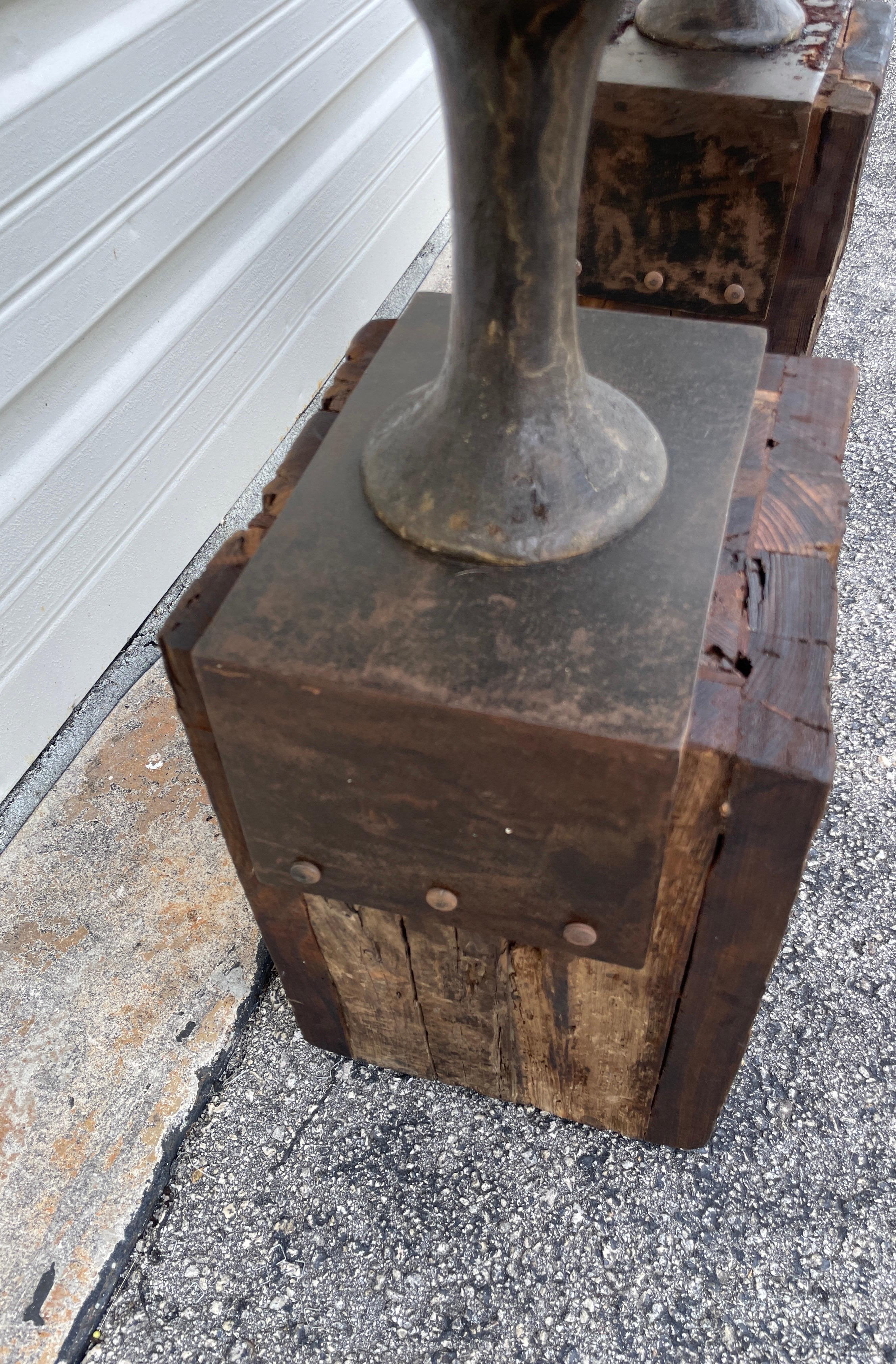 Pair of Round Cast Iron & Reclaimed Wood Block Side Tables For Sale 2