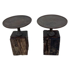 Pair of Round Cast Iron & Reclaimed Wood Block Side Tables