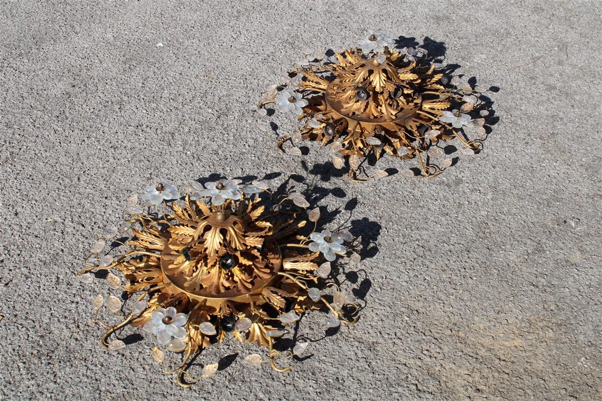 Pair of Round Ceiling Lights in Golden Metal and French Midcentury 1950s Crystal For Sale 5