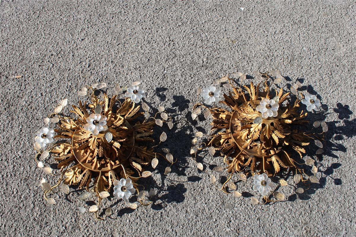 Pair of round ceiling lights in golden metal and French midcentury 1950s crystals.
15 Light Bulbs E14 Max 40 watt each chandelier.