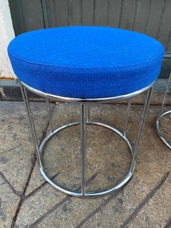 Milo Baughman Style Pair of Round Chrome Stools with Blue Upholstery