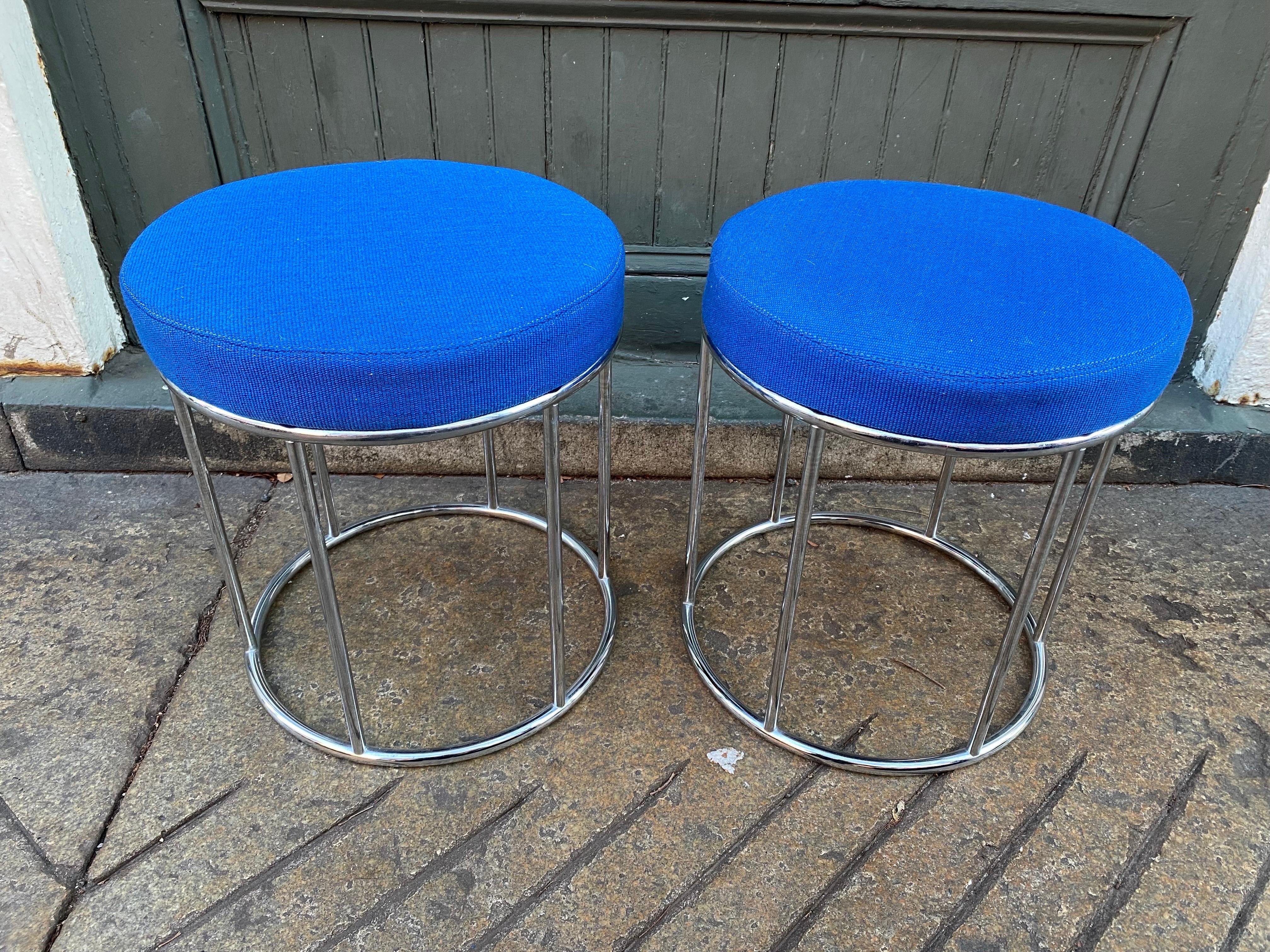American Milo Baughman Style Pair of Round Chrome Stools with Blue Upholstery For Sale