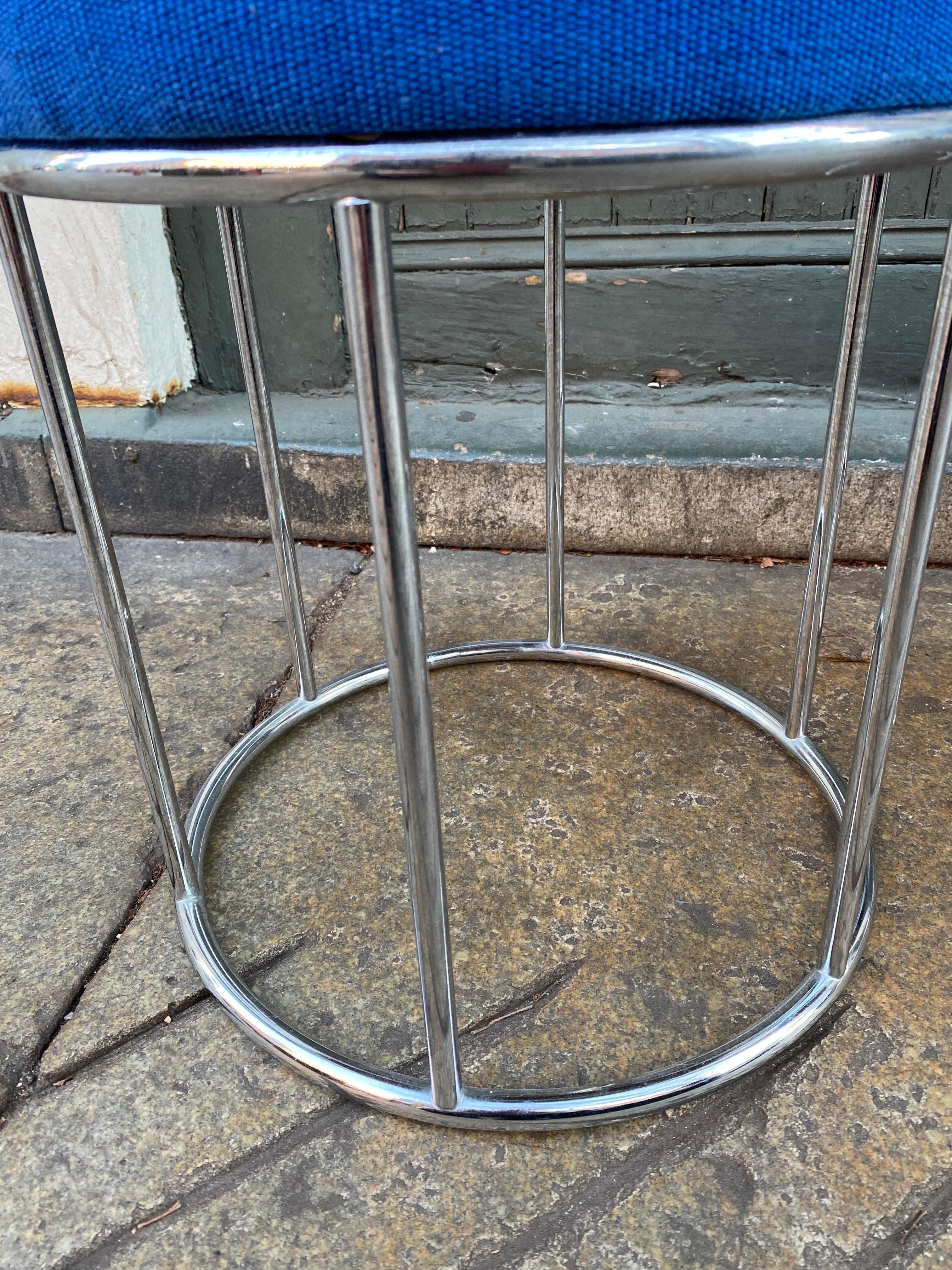 Milo Baughman Style Pair of Round Chrome Stools with Blue Upholstery For Sale 2