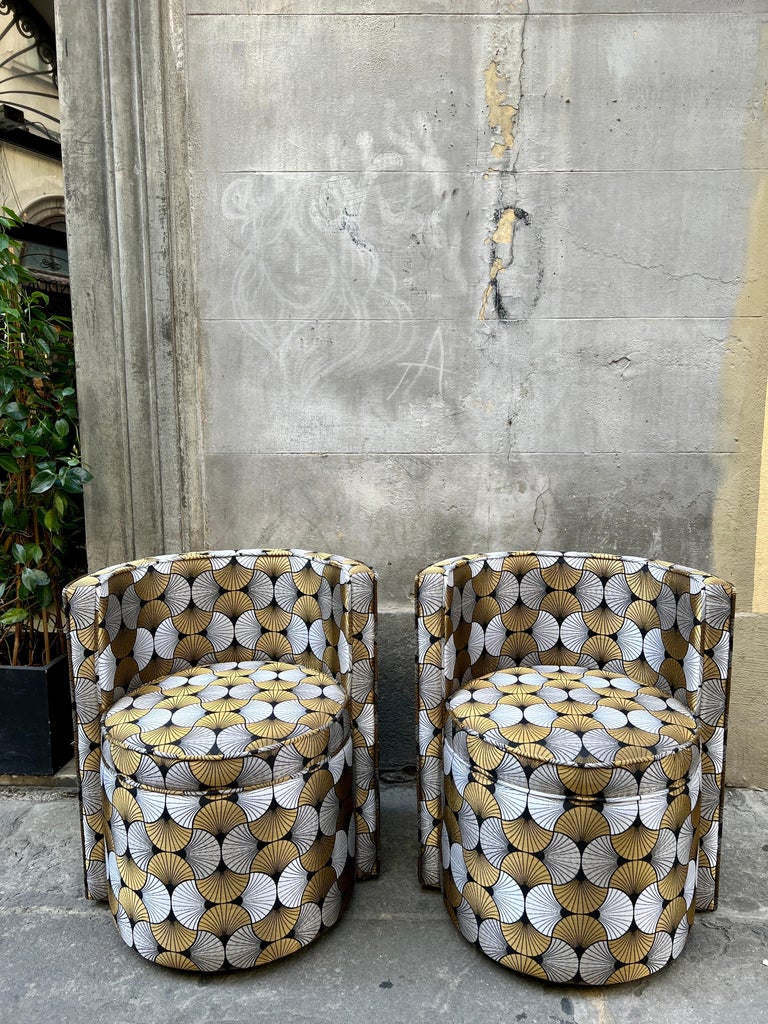 Pair of Round Armchairs with Geometric Art Deco Design Fabric, 1940s ...