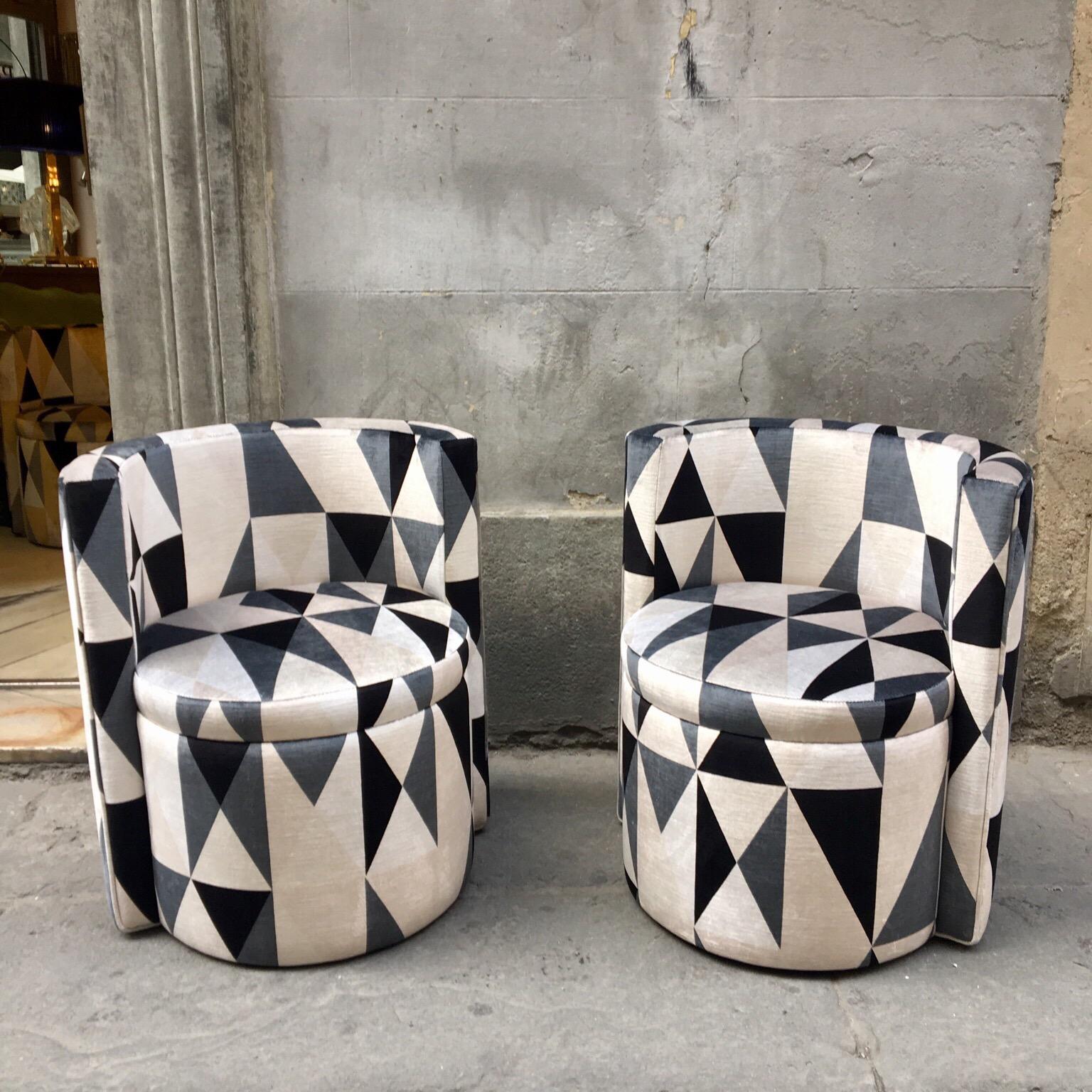 Pair of round club chairs with Kirkby velvet fabric. The chairs are from Art Deco era to midcentury but they are newly upholstered with Kirkby geometric velvet in grey, cream and black colors.