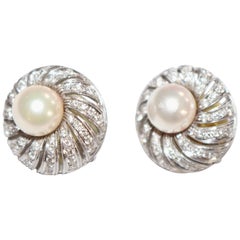 Pair of Round Cluster Head Pearl and Diamond 18-Carat White Gold Earrings