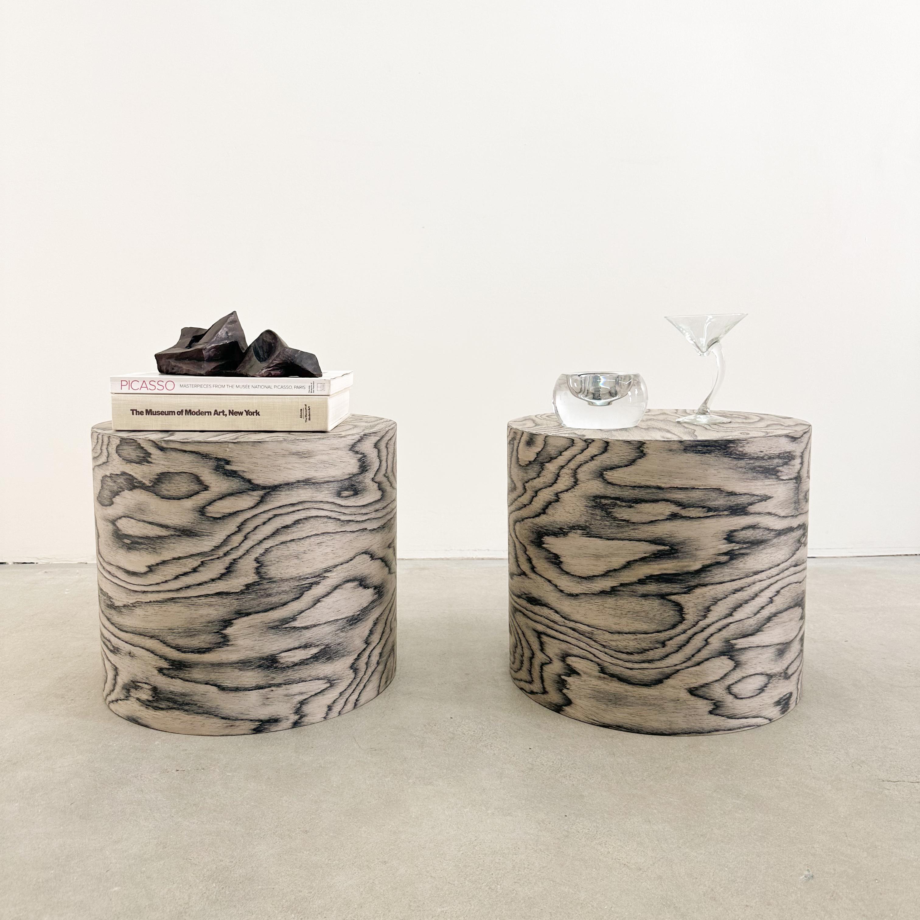 Newly Made Pair of Round Cocktail Table Featuring Ettore Sottsass Veneer.

The cocktail table has been veneered with the original Ettore Sottsass design from 1985.
Sottsass is an iconic figure in the Memphis design movement. The distinctive veneer