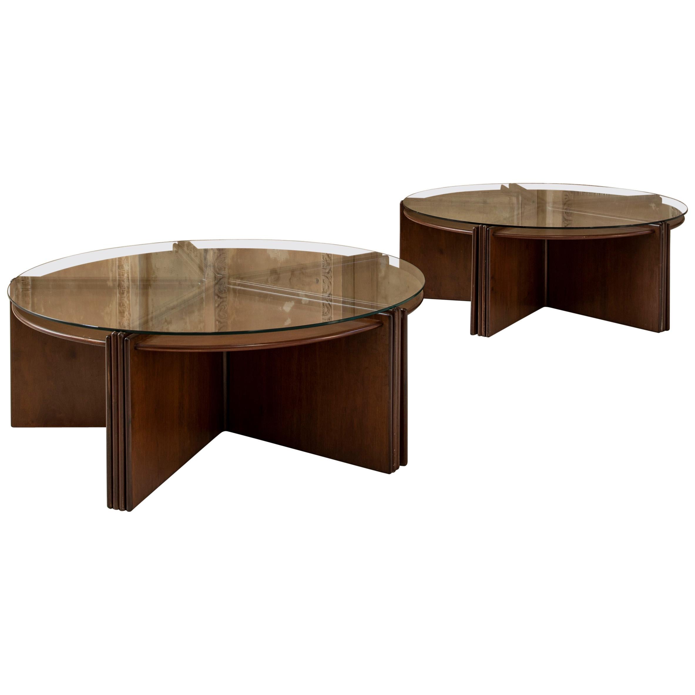 Pair of Round Coffee Table with Extractable Stools Attributed to Poltronova