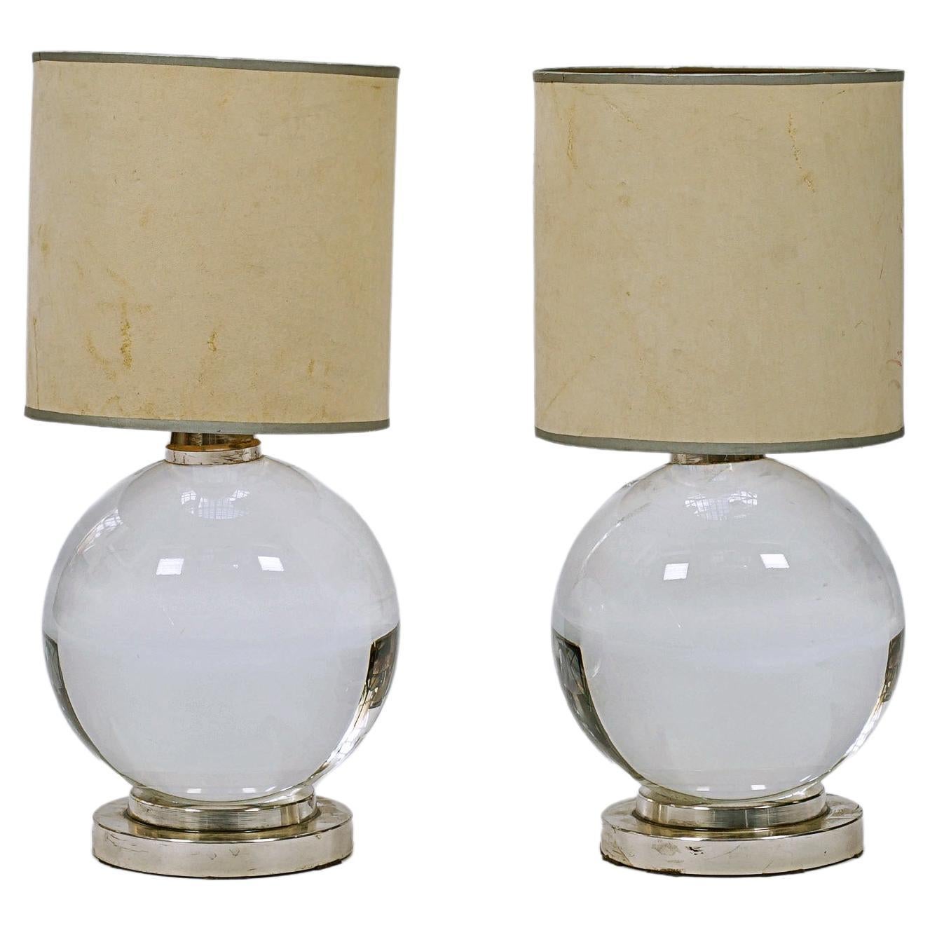 Pair of Round Crystal Lamps by Jacques Adnet