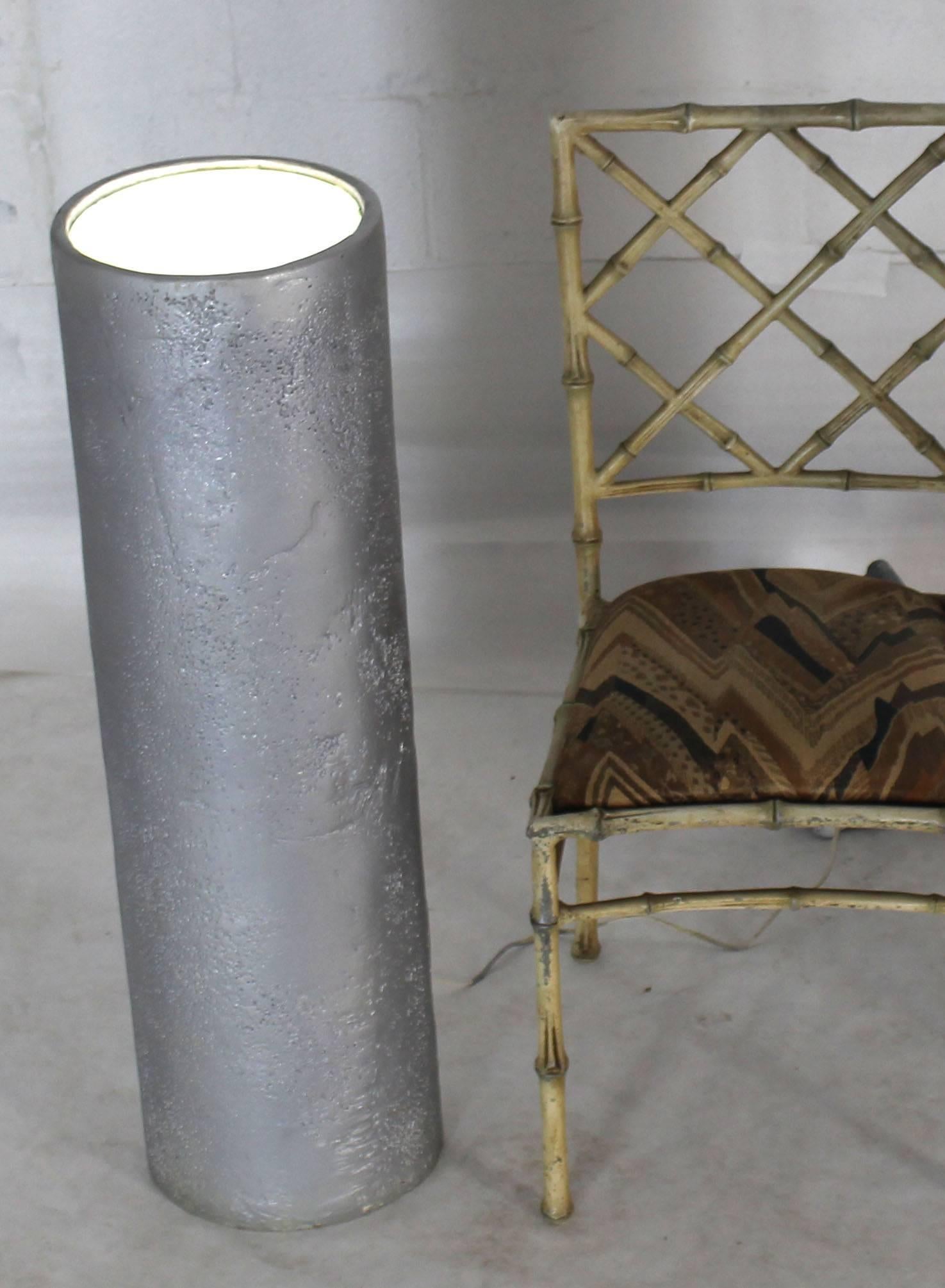 Pair of round floor lamps pedestals stands silver textured finish.