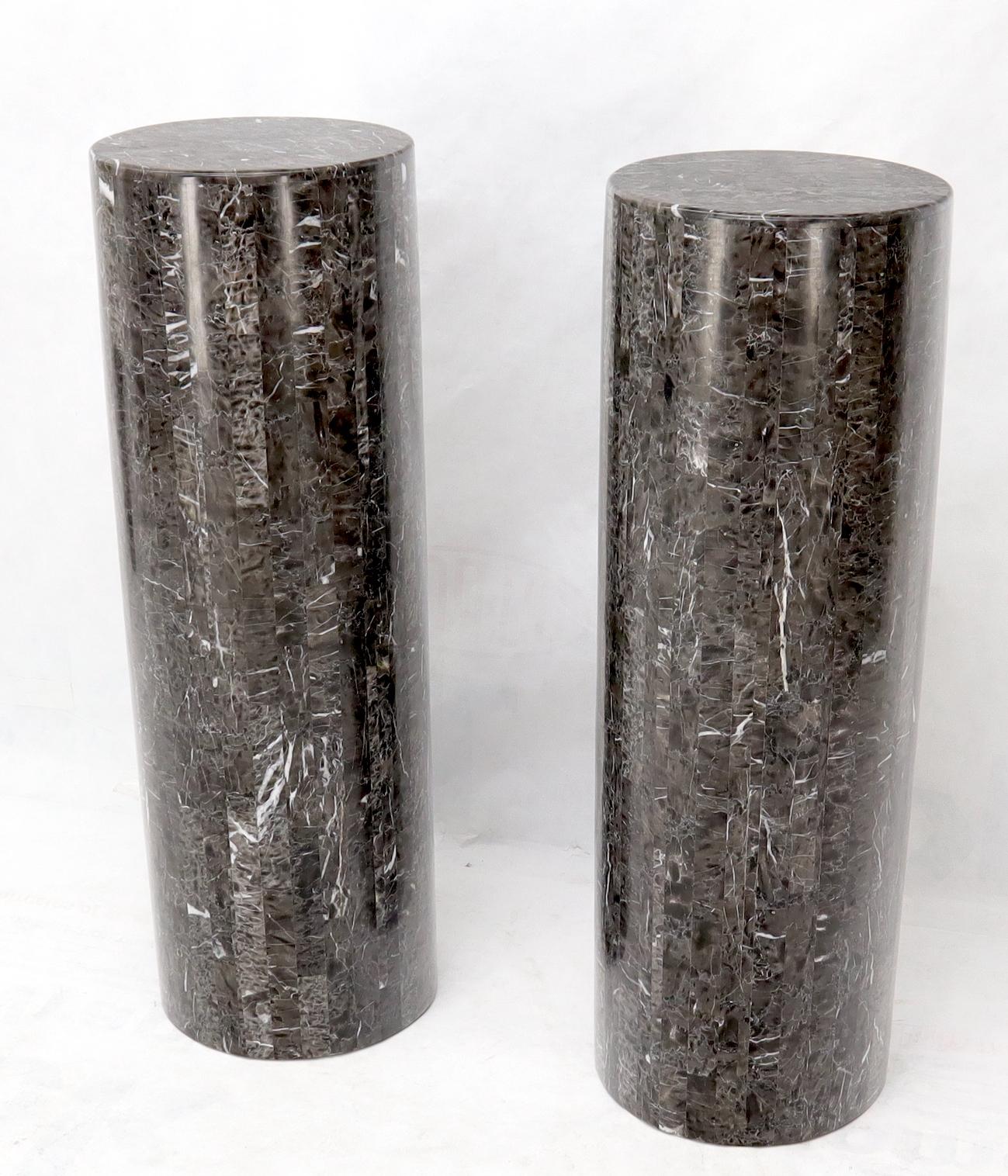 Mid-Century Modern Pair of Round Cylinder Shape Tessellated Stone Tile Columns Pedestals