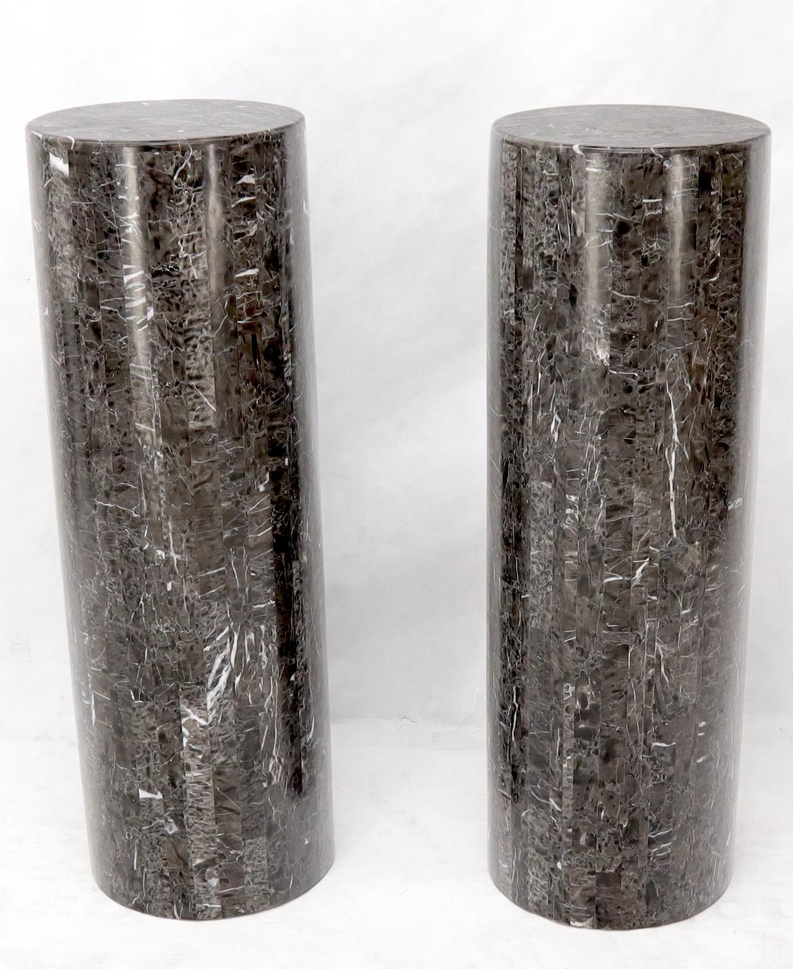 Unknown Pair of Round Cylinder Shape Tessellated Stone Tile Columns Pedestals