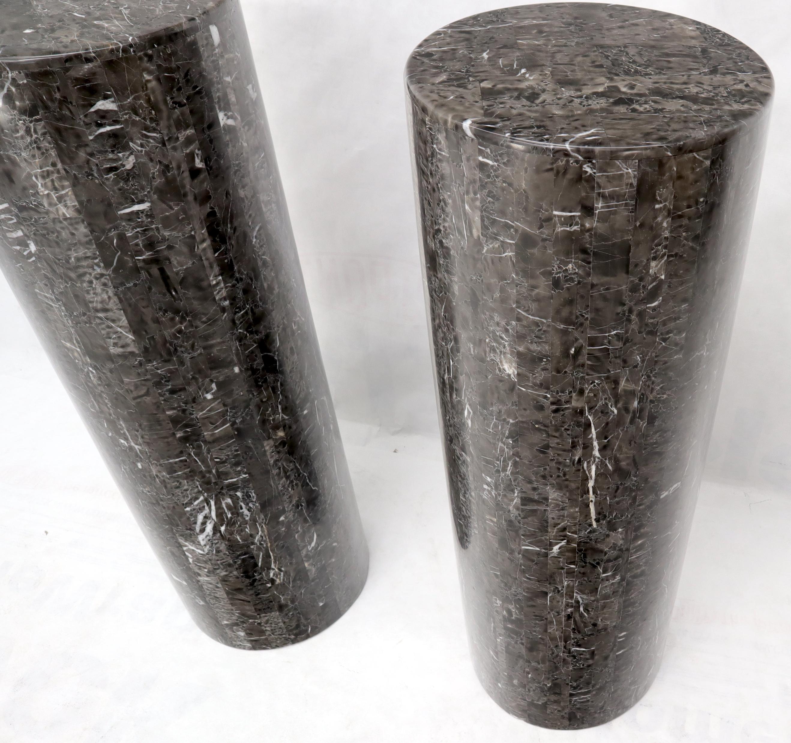 Marble Pair of Round Cylinder Shape Tessellated Stone Tile Columns Pedestals