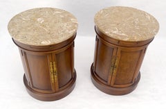 Pair of Round Cylinder Shape Two Doors End Lamp Tables Stands Pull Out Trays