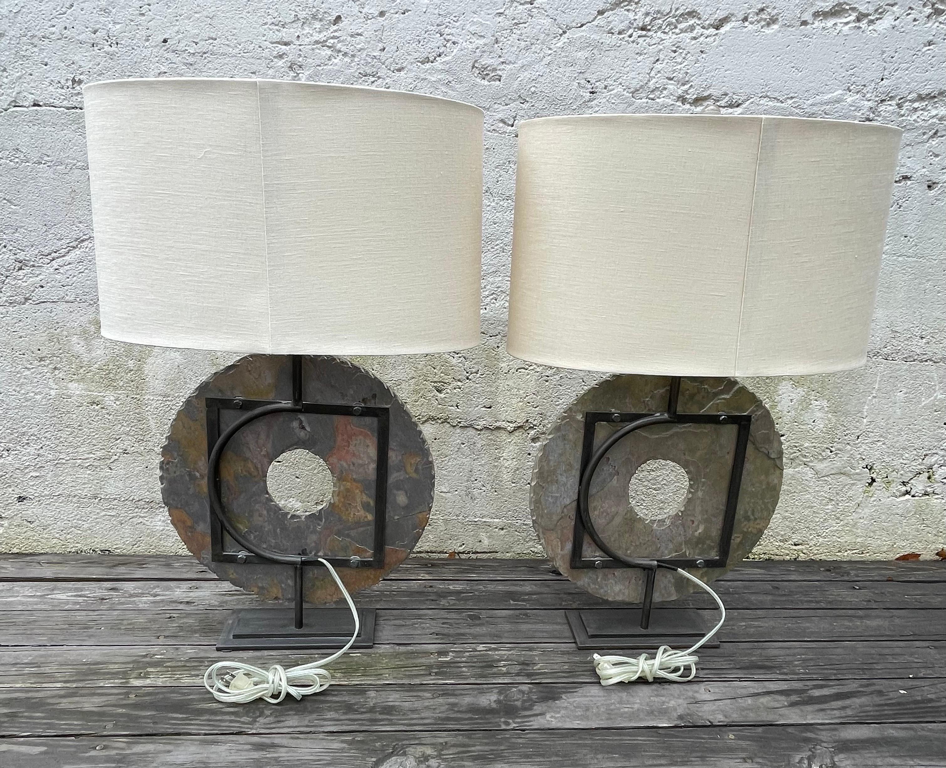 Table Lamps Hand Chiseled Round Stone, Oval Linen Shades 1